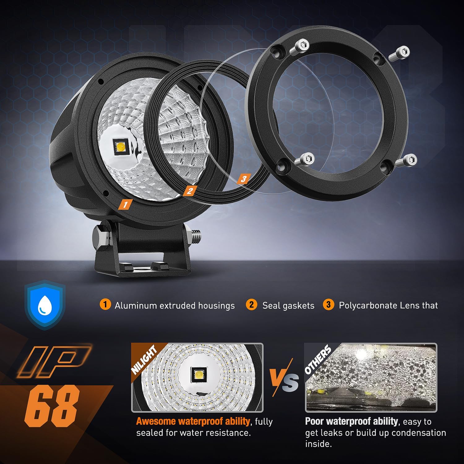 Nilight LED Light Pods 2 PCS 3" Flood Round Offroad Fog Driving Auxiliary Lights 1080LM Built-in EMC w/18AWG DT Wiring Harness Kit for Motorcycle SUV ATV Truck Boat