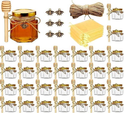 Adabocute Pote de miel, mini tarros de miel de vidrio con cuchara de madera, tapa dorada, dijes de abeja, bolsas de organza doradas, etiquetas de