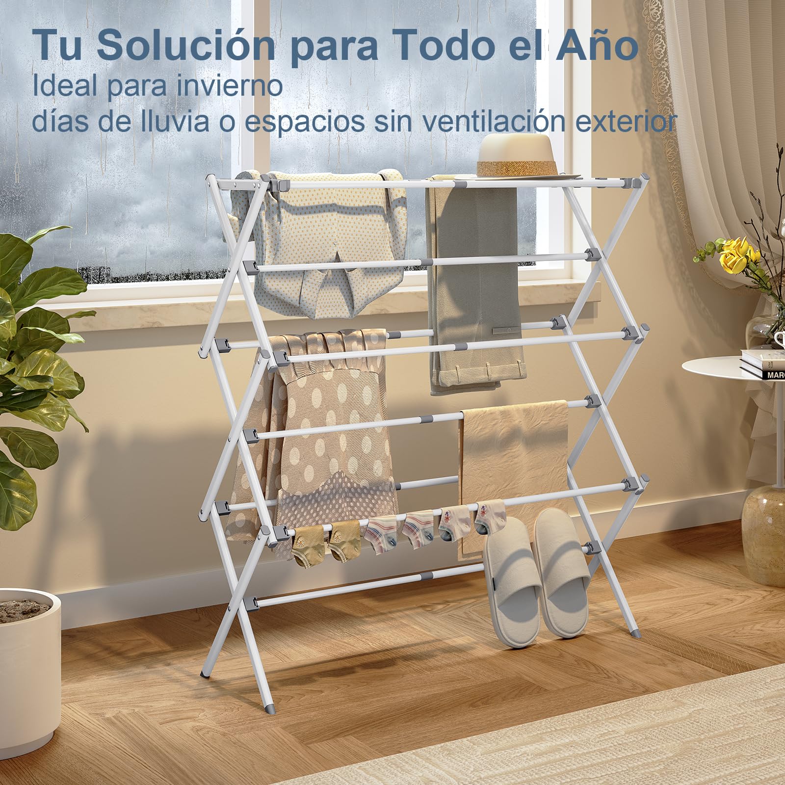 SYKIARIOL Tendedero Vertical Metálico Plegable con 3 Niveles - Tendedero de Ropa Extensible para Interior y Exterior - Material Resistente al Óxido (89x30x95.5 cm) - Lavandería Balcón - Blanco