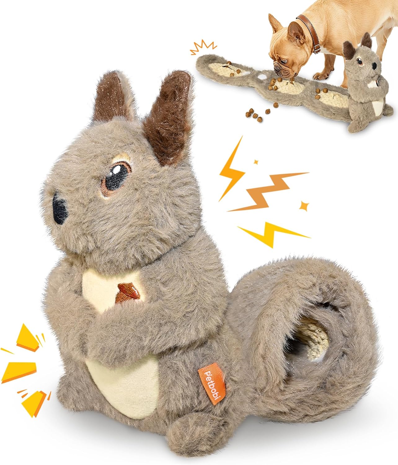 Juguete de Peluche para Perro Petbobi, Ardilla con Chirrido y Bolsillos para Golosinas