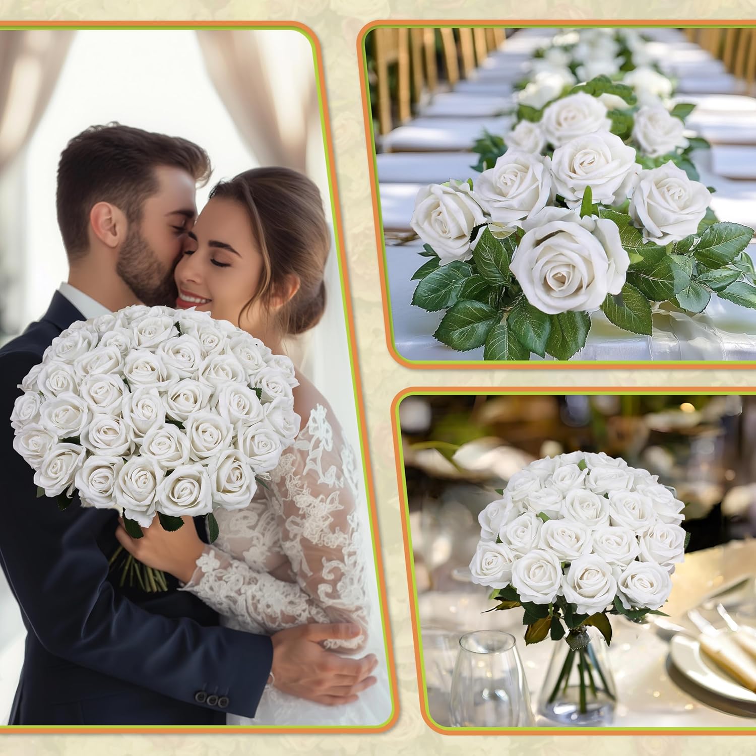 100 PCS Fake White Roses, Artificial Flowers Bulk Realistic Silk Faux Ivory Rose with Stems for Wedding Decorations Table Centerpieces Bridal Bouquet DIY Floral Arrangement Event Party Home Decor - Image 3