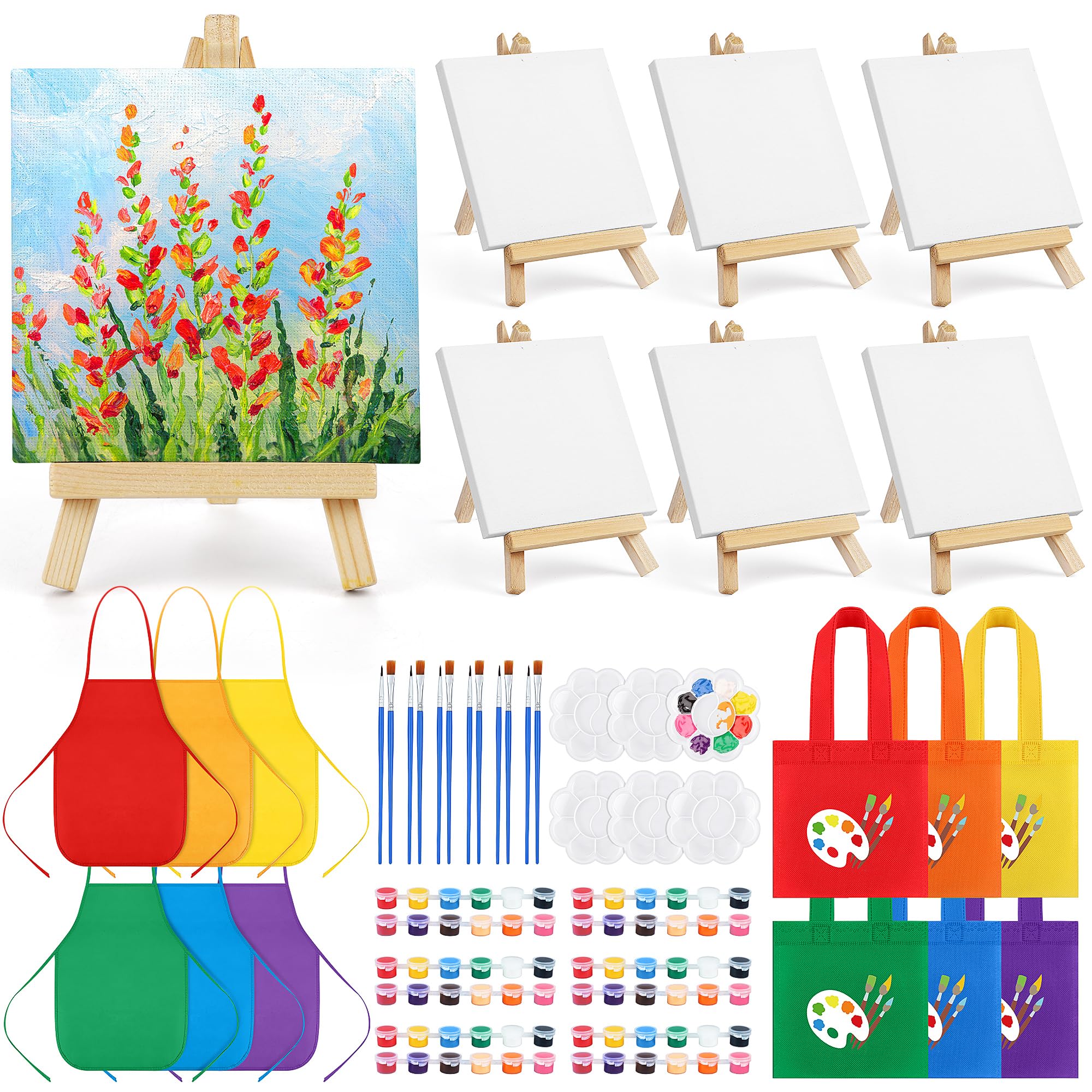 Aneco 6 Packs 4 x 4 Inch Mini Canvases for Painting with Easels Aprons Canvas Tote Bags Brushes Palettes Small Art Stretched Canvas Painting Supplies Kit for Party