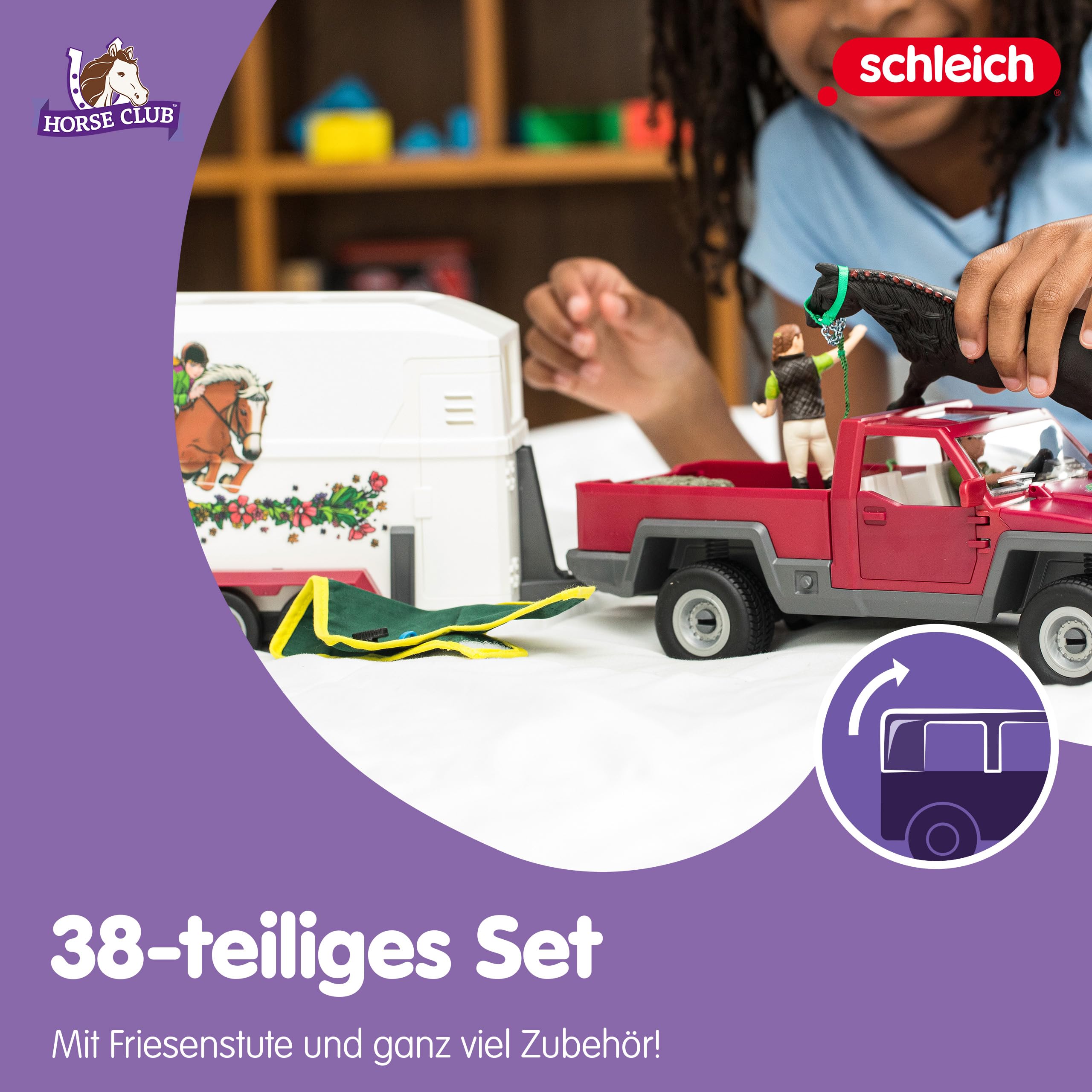 Schleich Horse Club | Pick-up mit Pferdeanhänger 42346 | 38 Teile | Set inkl. Fahrzeug, Anhänger, Pferd, 2 menschliche Figuren & Zubehör | Pferdespielzeug & Geschenk für Kinder ab 5 Jahren