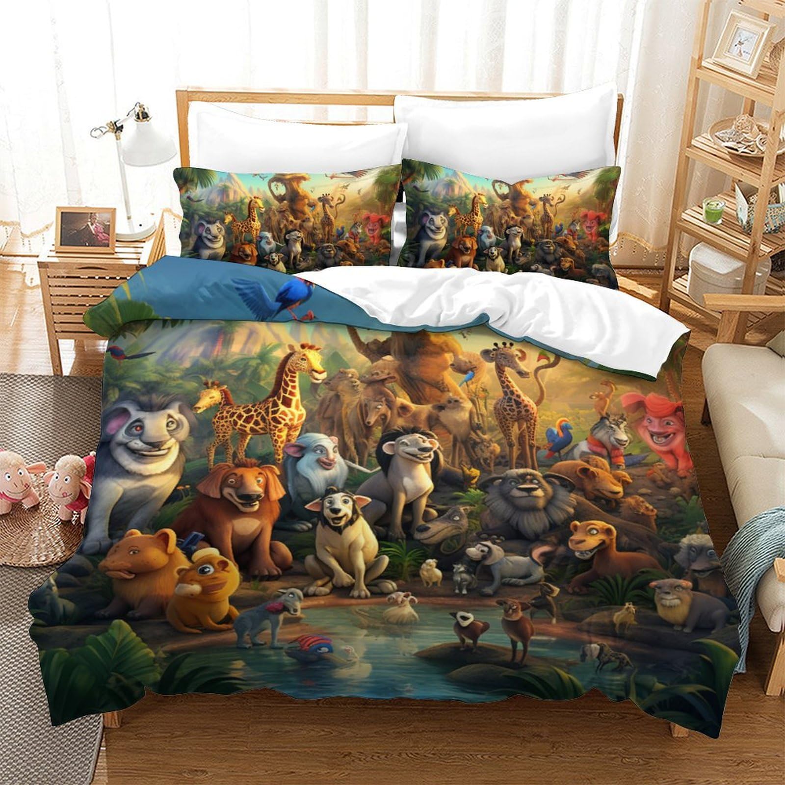 Housse de couette animaux de la jungle 200x200 cm avec 2 taies d'oreiller pour lit double