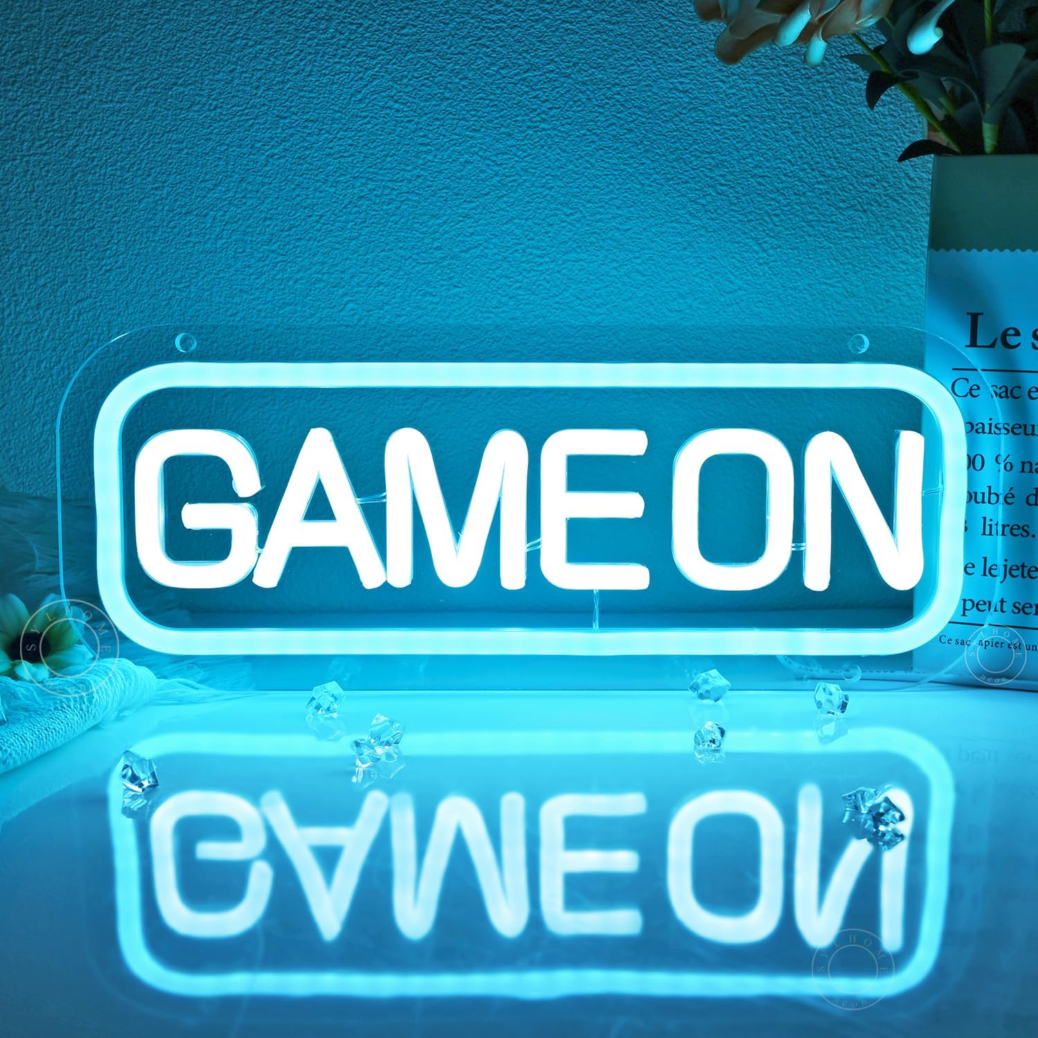 SYLHOME Game On Led Neon Light Sign Game room Kids Room Bedroom Man Cave Wall Sign Decor Gamer Play Birthday Decor Boys Gifts 11.81" X 4.61" USB White & Ice Blue