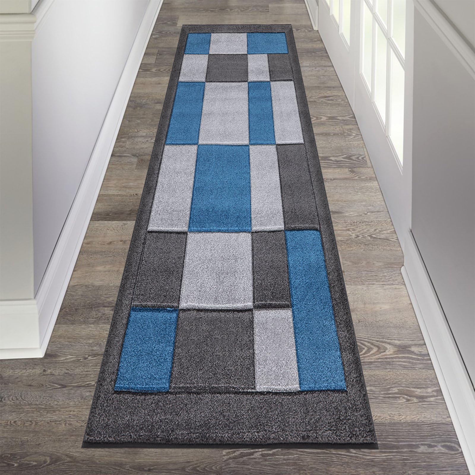 renoazul® Squared Design Carpet Runner for Hallways, 80 x 300 cm - Dark Grey Blue, Washable Kitchen Rug and Hall Runner — image 1