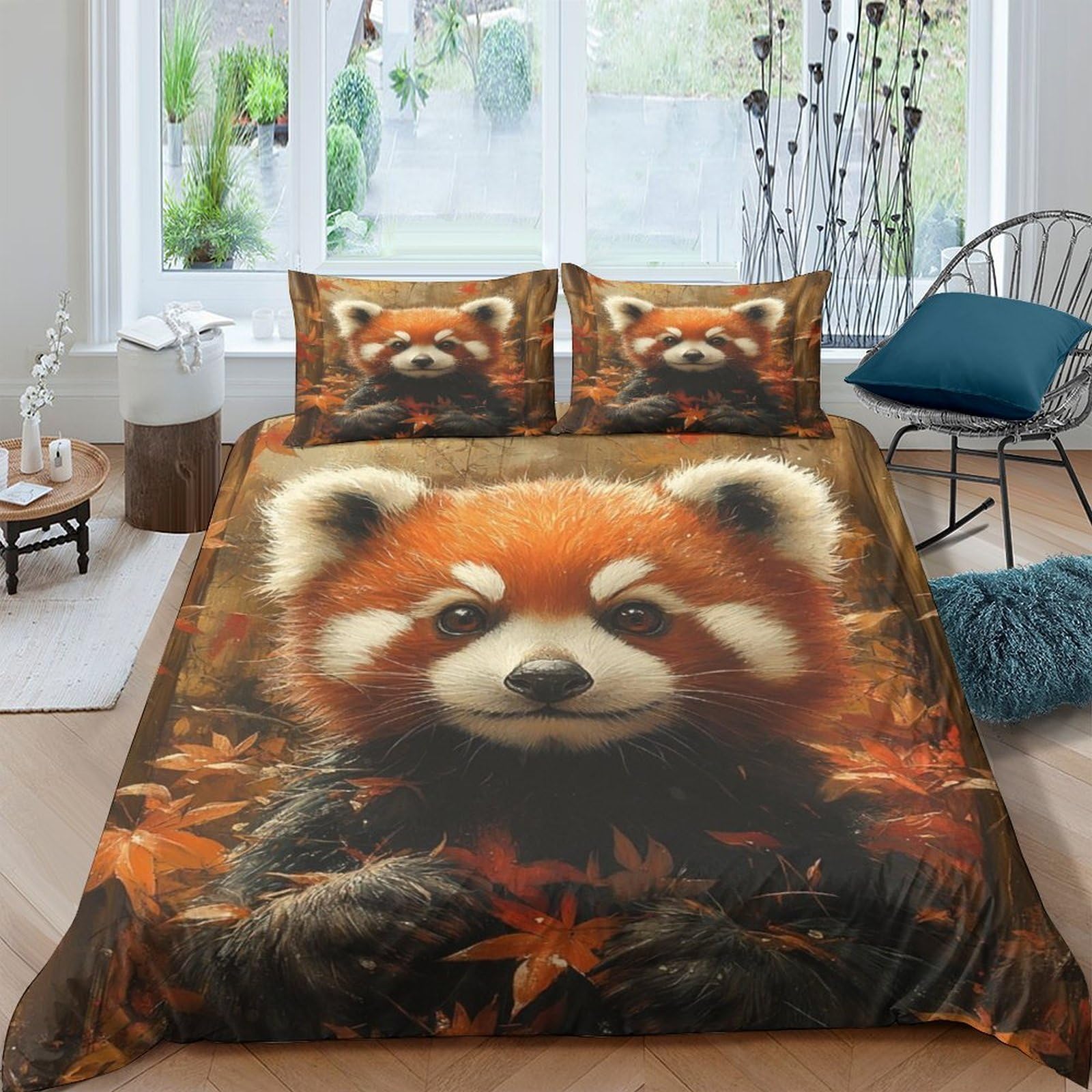 GPLZQXKJNH 3D Printed Red Panda Duvet Cover Microfiber Soft Autumn Forest Bedding Set with 2 Pillowcases for Bedroom Decor Single（135x200cm）