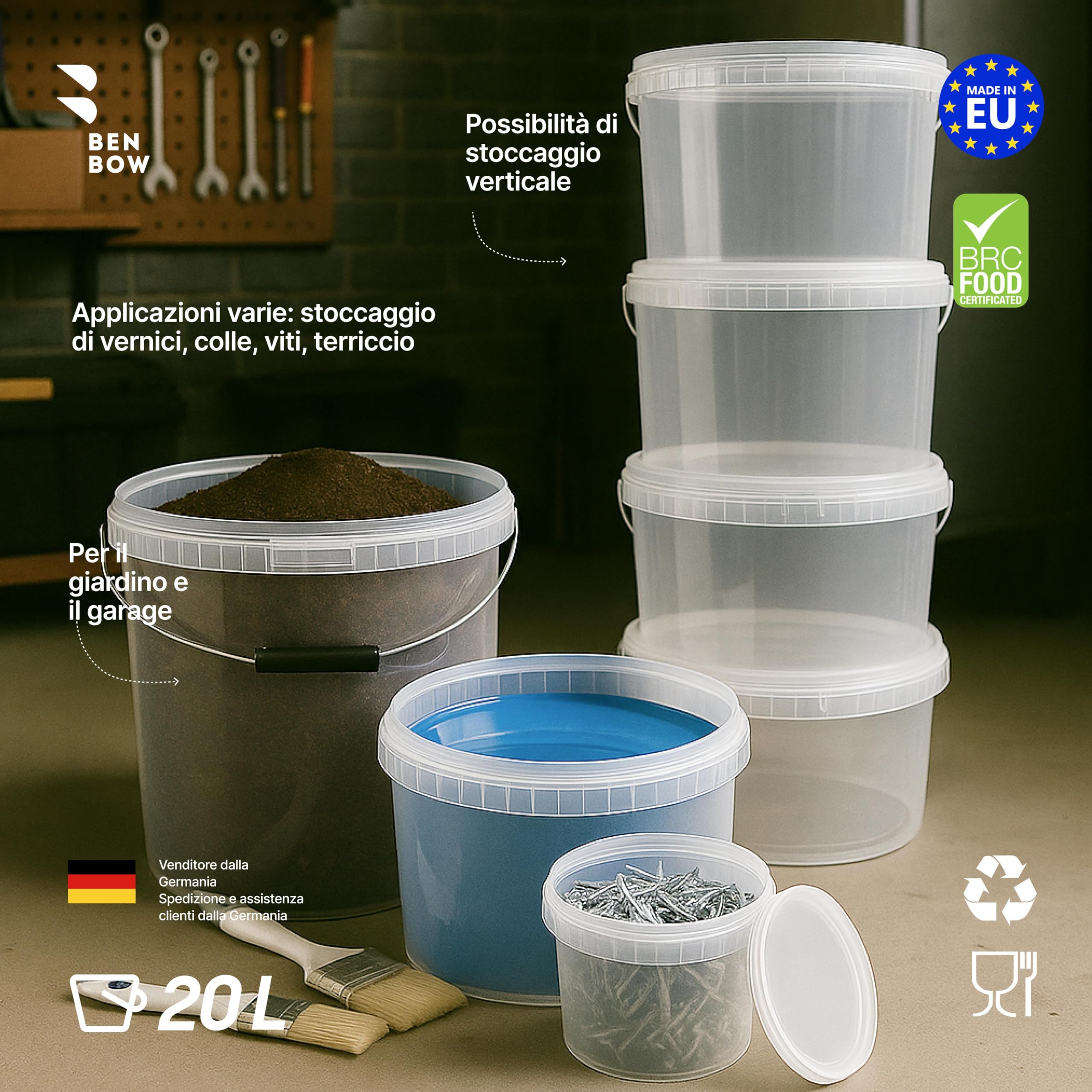 BenBow Secchio con coperchio 20l trasparente 100x 20 litri - sicuro per gli alimenti, stabile, ermetico, a prova di perdite - contenitore per la conservazione in plastica, con manico in metallo -vuoto