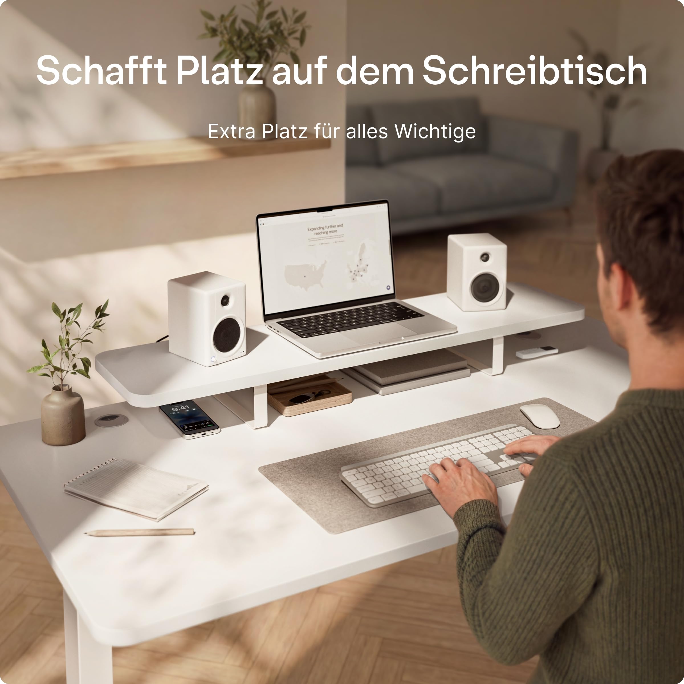 Desktronic Monitorstaender – Ergonomische Monitorerhoehung, 114 x 28 x 12,8 cm, 30 kg, 1-2 Monitore, Tischplatte Weiss, Beine Weiss, Stabile Stahlbeine, Gefertigt in Europa