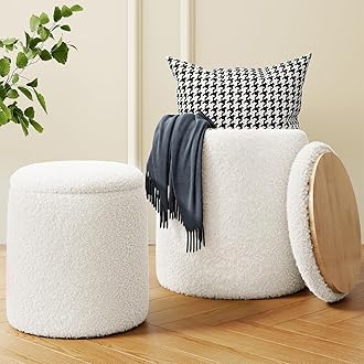 Round Boucle Ottoman with Storage Set of 2, White Ottoman Poufs for Living Room, Sherpa Storage Ottoman Stool, Cute Teddy Foot Rest, White Makeup Vanity Stool Chair, Small Coffee Table