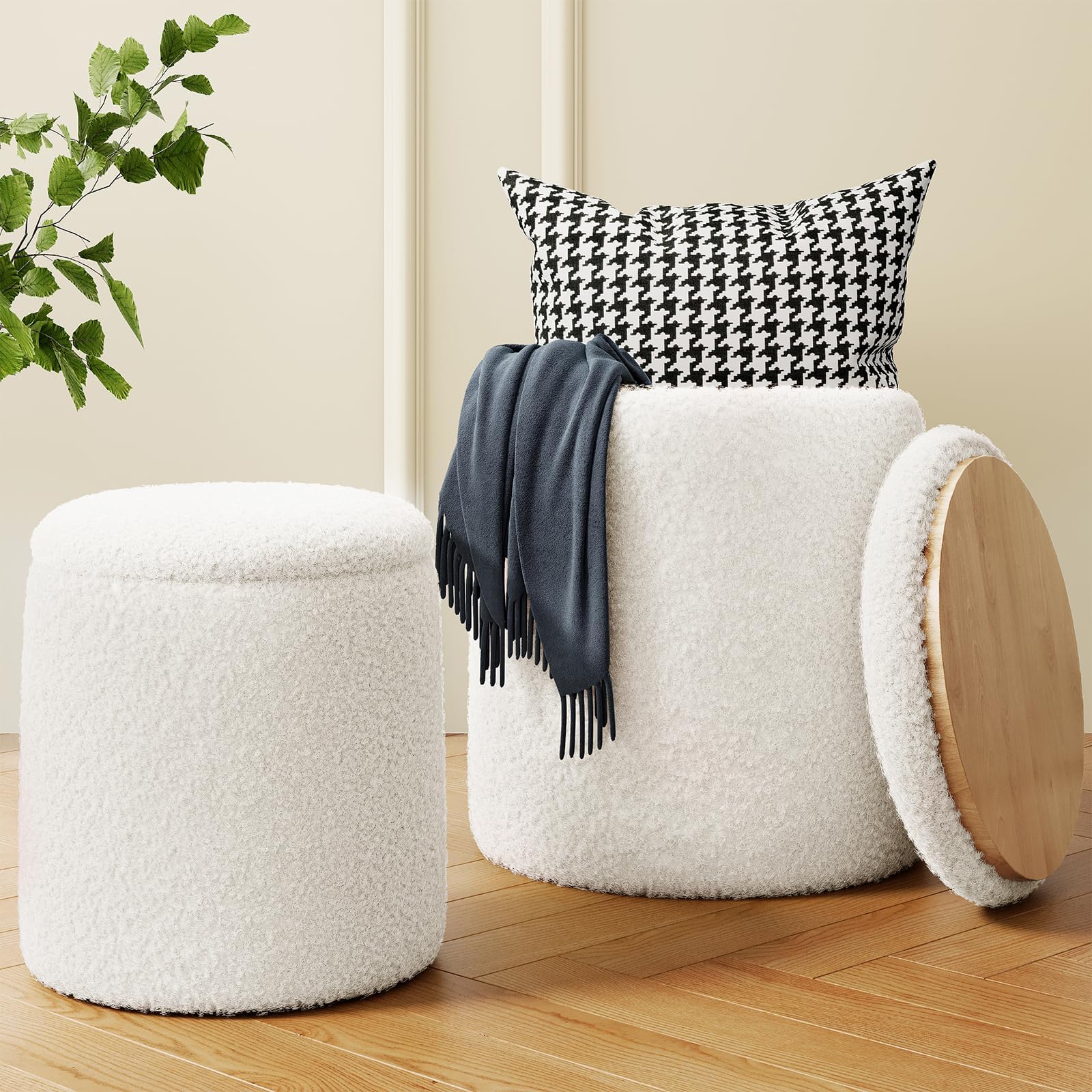 Round Boucle Ottoman with Storage Set of 2, White Ottoman Poufs for Living Room, Sherpa Storage Ottoman Stool, Cute Teddy Foot Rest, White Makeup Vanity Stool Chair, Small Coffee Table