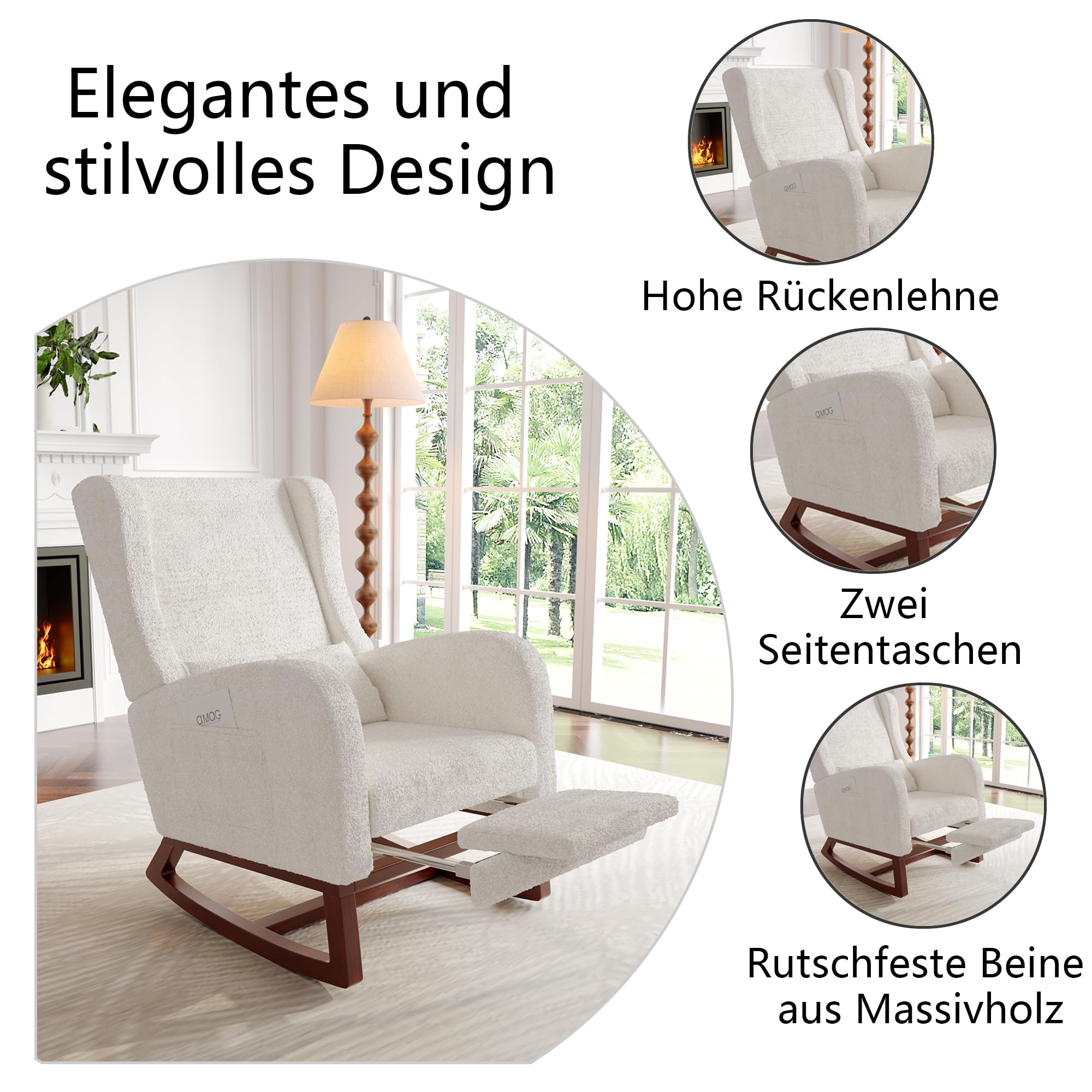 Mecedora, sillón de relax con reposapiés, grueso mecedora, silla de lactancia, silla basculante, asiento acolchado con 2 bolsillos laterales, 1 cojín lumbar, color blanco arroz
