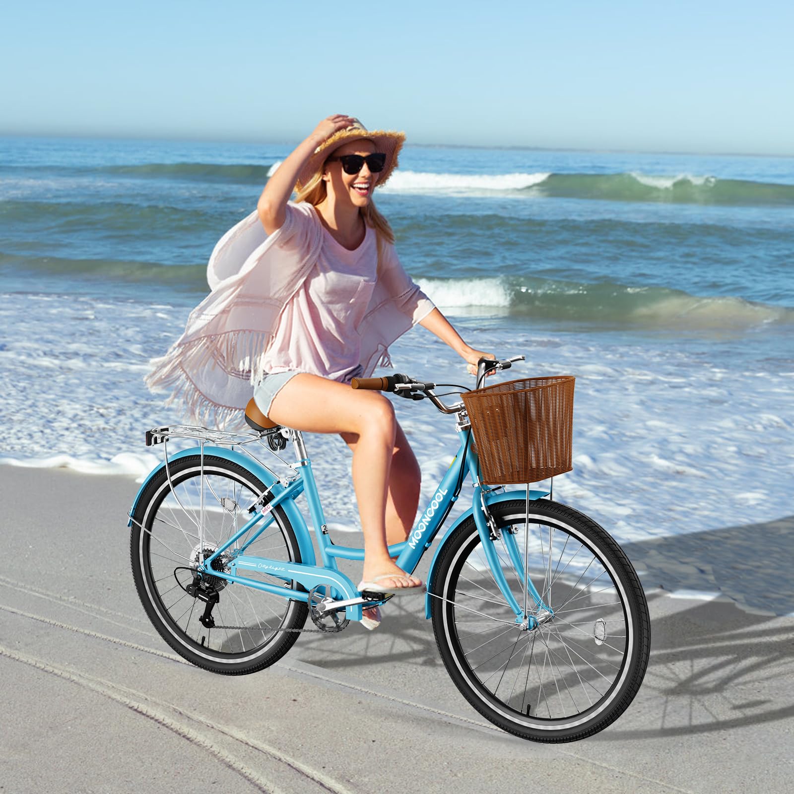 LILYPELLE Beach Cruiser Bike for Women, 24 26 inch Womens Bike with Ratten Basket & Rack, Comfort Cruiser Bicycle Step Through for City Commuter, Retro Bicycle for Seniors Ladies Adults