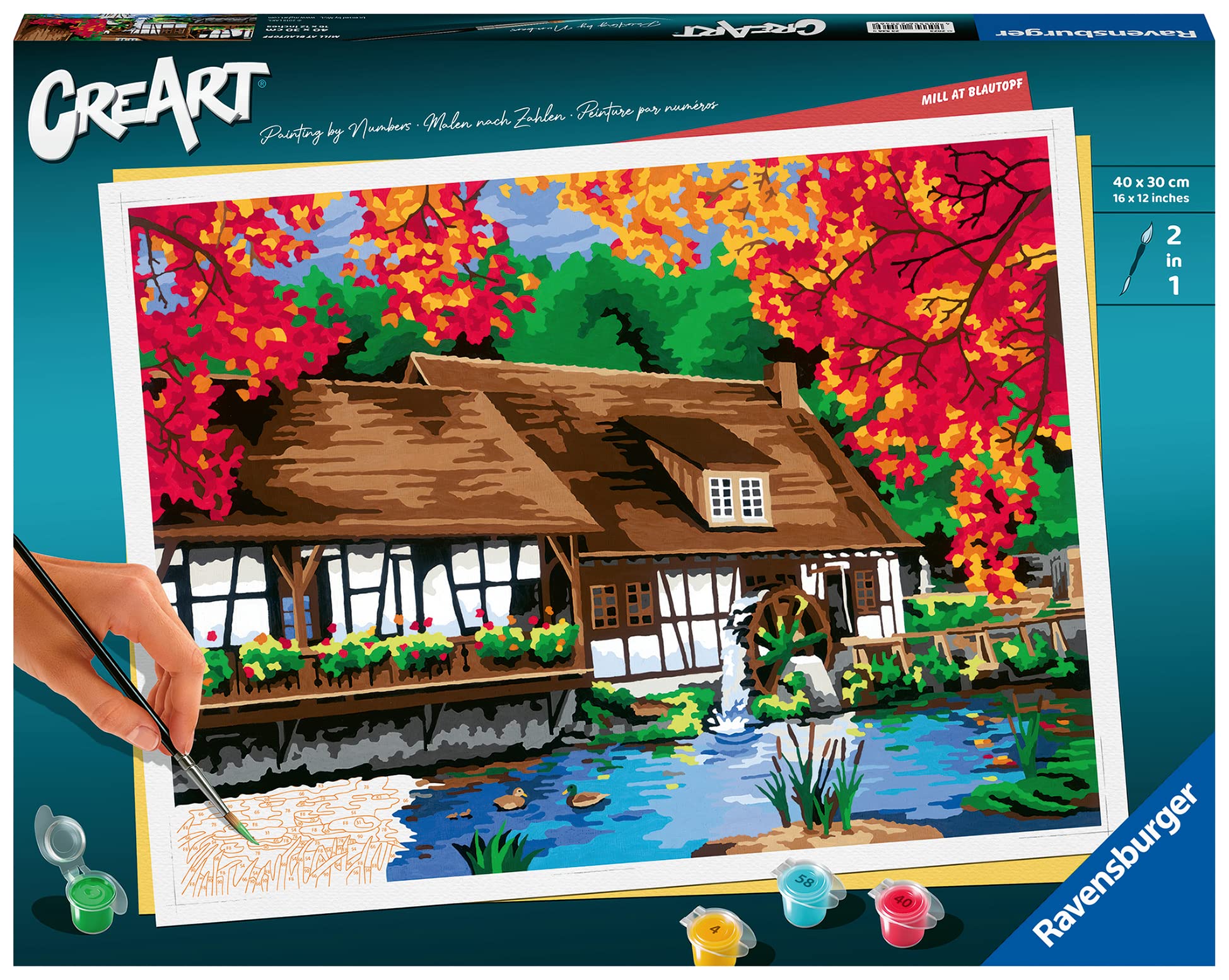 Ravensburger CreArt 23546 - Mühle am Blautopf - Malen nach Zahlen Erwachsene, DIY Malset mit Pinsel und Acrylfarben, Geschenk für Frauen und Männer, Malen für Erwachsene