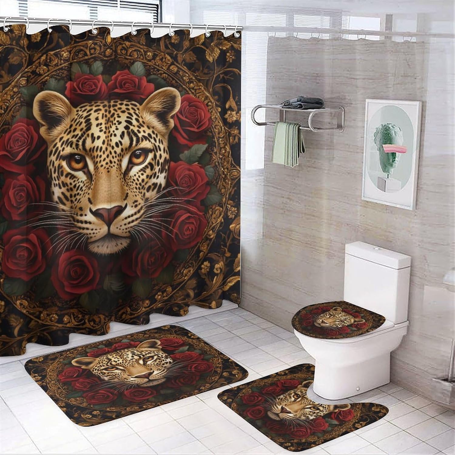 4pcs Leopard Red Rose Shower Curtain Set with Rugs, Toilet Lid Cover and Bath Mat, Gold Botanical Pattern Bathroom Curtains Decor Shower Curtains, 72" X 72"