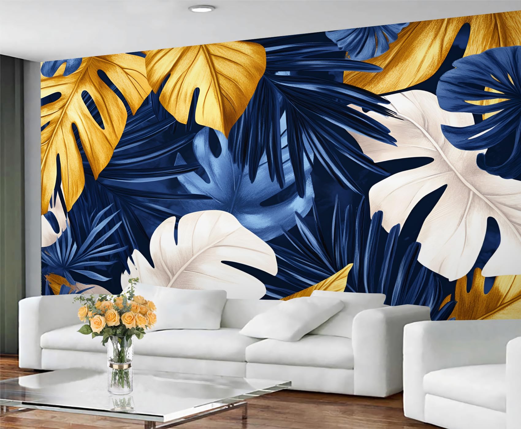 GIVLWF Tropical Wallpaper, Monstera Leaves Bedroom Wallpaper, Not Self Adhesive Wall Paper for Living Room, Blue Gold Luxury Wall Mural - Large Home Decor 100x100 cm — image 1