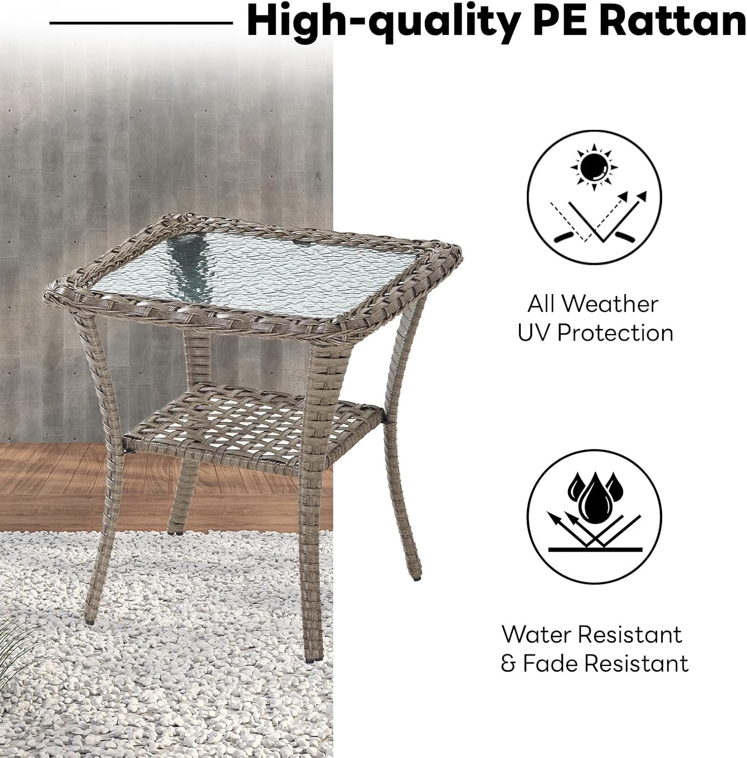 Belord Handwoven Wicker Side Table - 20 Inch Small Outdoor Table 2 Tier Storage with Tempered Glass Top, All Weather Outdoor Patio End Tables for Deck Balcony Outside Gray