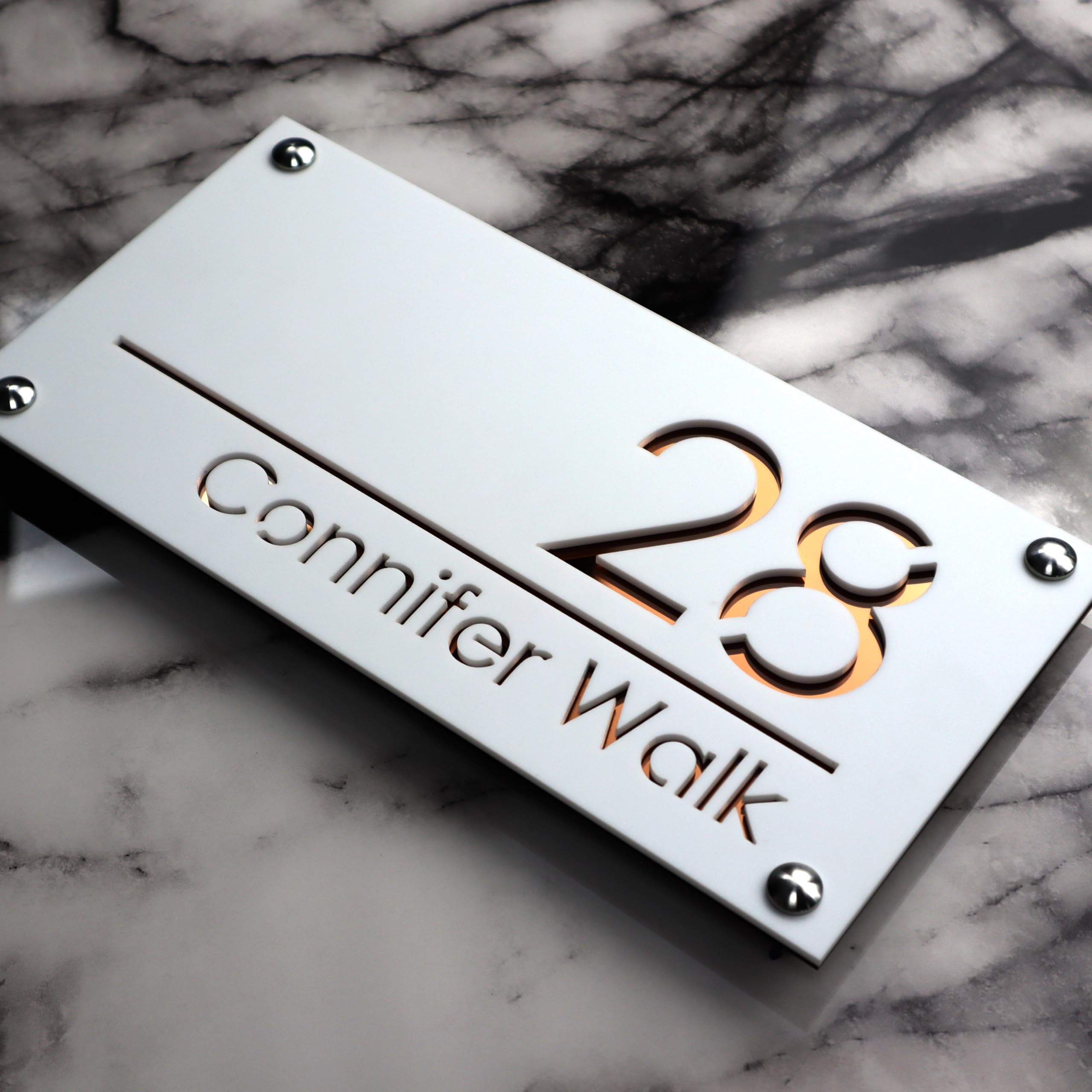 K SMART SIGN | LUXE H1 | House sign door number laser personalised address wall plaques numbers Signs (Matt White & Copper Mirror)