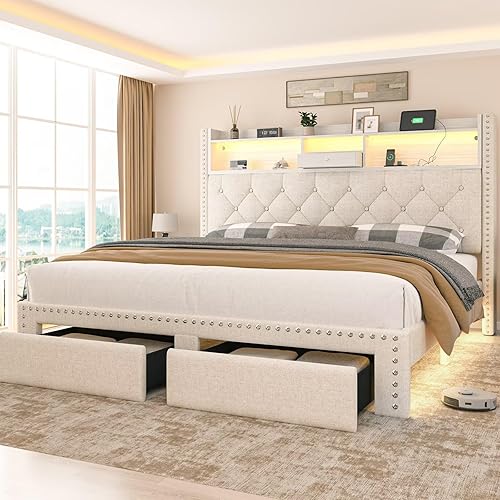 Miniatura 9 de Base de cama tamaño Queen, cabecera de almacenamiento de lino con luz LED y estación de carga, cama de plataforma tapizada con 2 cajones de Negro