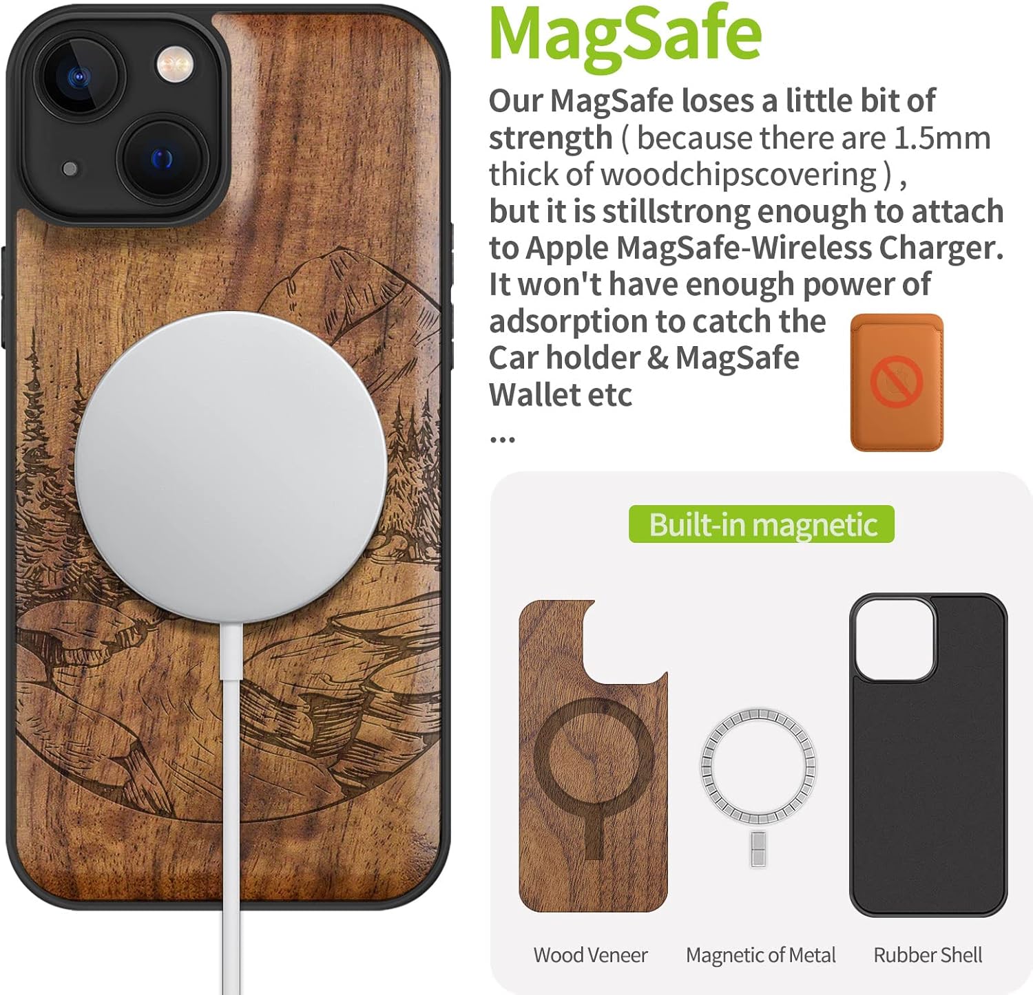 Carveit Magnetic Wood Case for iPhone 13 Case [Natural Wood & Black Soft TPU] Unique Wooden Shockproof Protective Cover Compatible with magsafe (Natural Landscape -Walnut) - Image 5