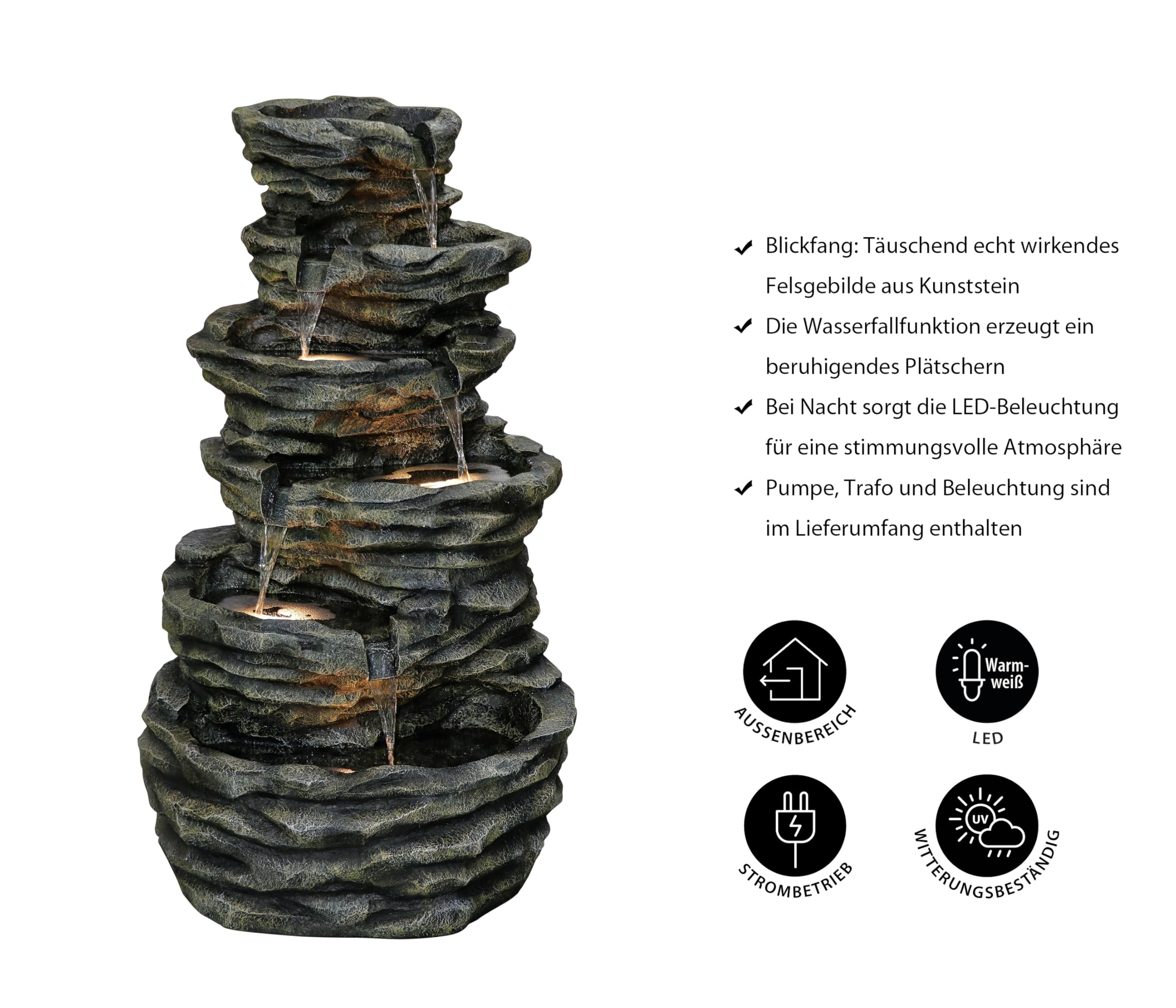 Dehner Gartenbrunnen Roccia, Outdoor-Brunnen, mit LED-Beleuchtung, solarfähig, ca.72x120x75 cm, Polyresin, grau