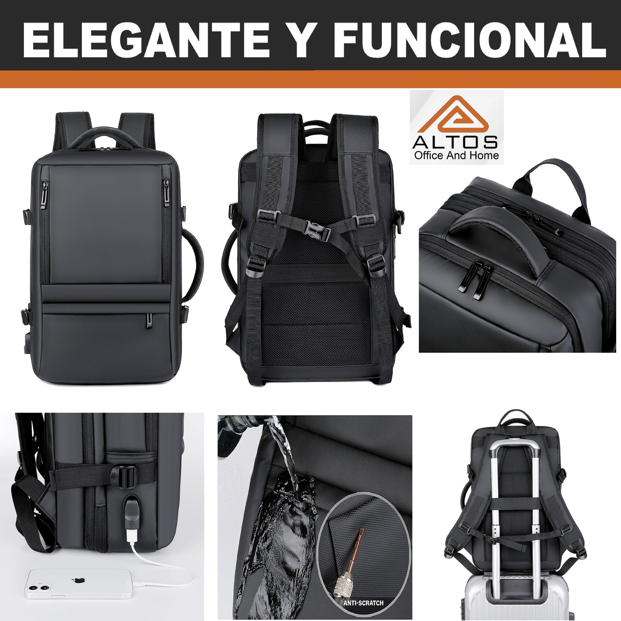 ALTOS OFFICE AND HOME Mochila 45x30x20 cm expandible equipaje de mano 45L para portátil 17 pulgadas impermeable maleta cabina viaje avión compatible con RyanAir/Vueling/EasyJet/Etc. cuero sintético
