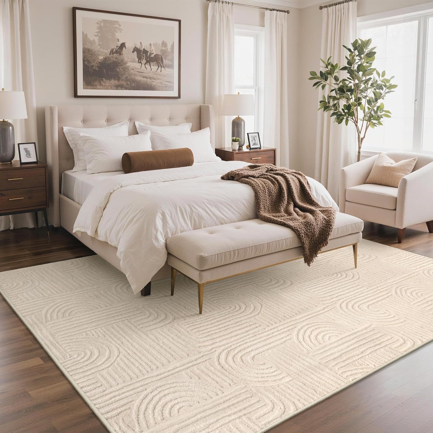 GENIMO Soft Washable Area Rugs 8x10, 3D Modern Arch Pattern Living Room Rug, High-Low Pile Textured Non Slip Fuzzy Carpet, Non-Shedding Stain Resistant Beige Rugs for Bedroom, Dining Room, Nursery