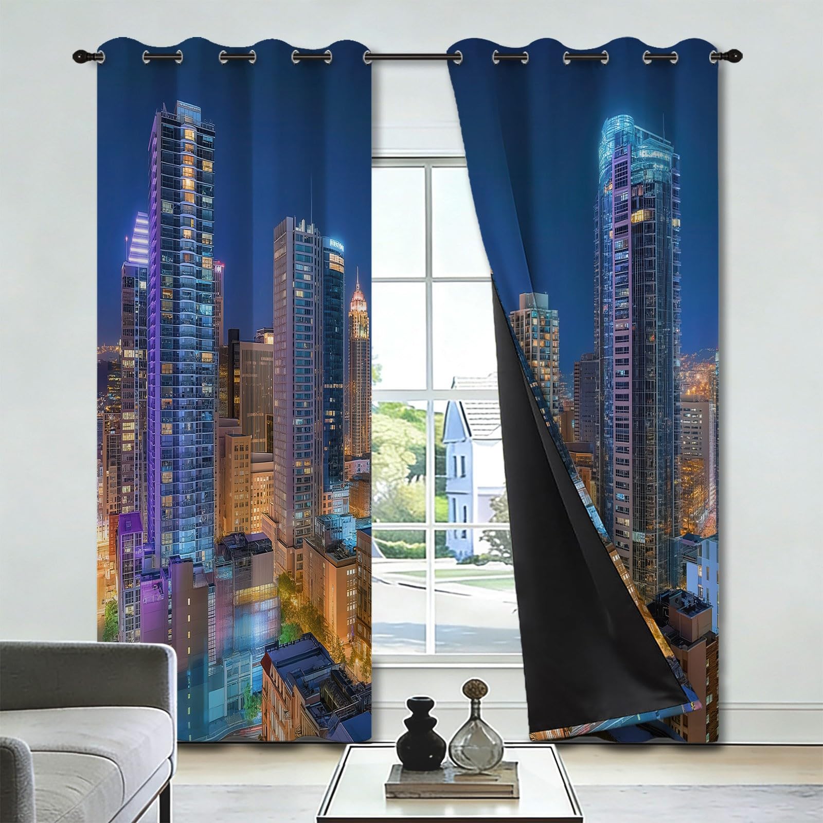 Cortinas opacas con ojales, juego de 2 unidades, 225 x 140 cm (alto x ancho), cortinas opacas para salón, oficina, sala de reuniones, vestíbulo de hotel, fotografía panorámica urbana, protección UV