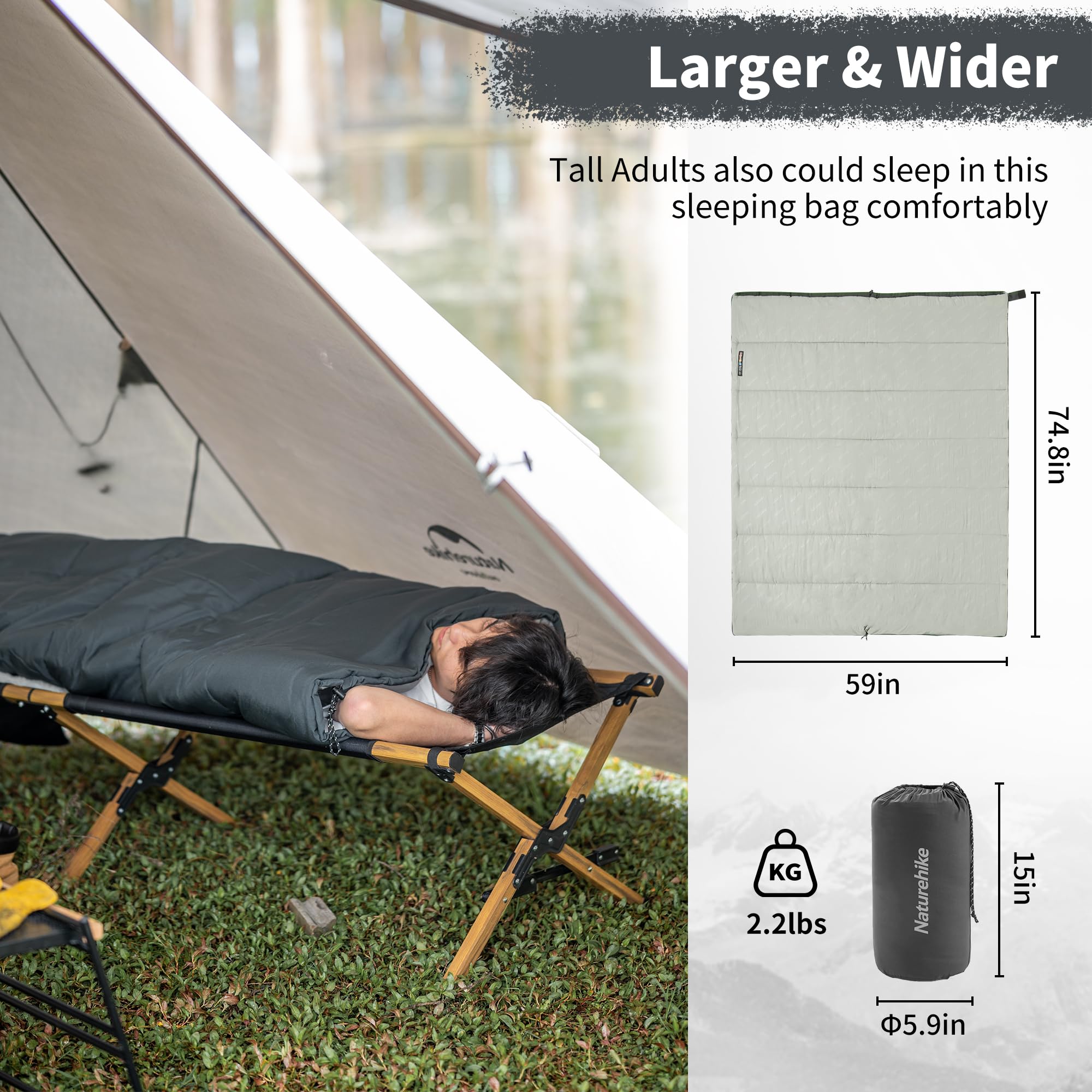 Naturehike Sacco a Pelo per Adulti, Sacco a Pelo Leggero Rettangolare Spliceable 3 Stagioni, per Campeggio all'Aperto, Escursionismo
