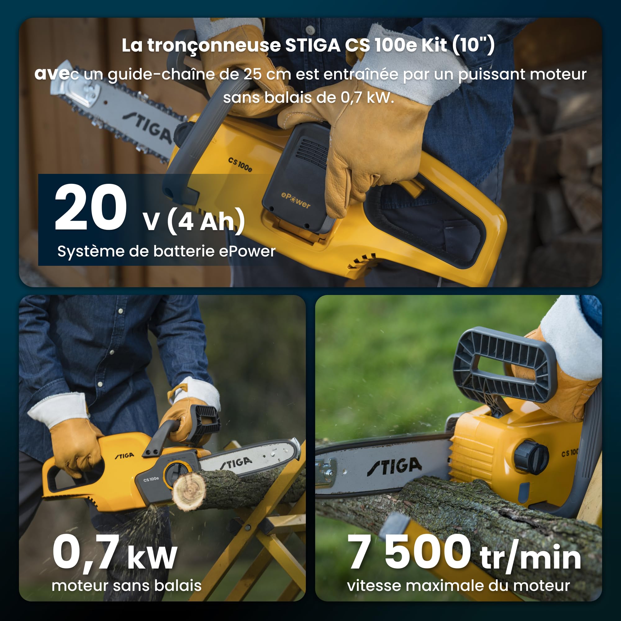 STIGA CS 100e Kit Tronçonneuse Sans Fil, 20 V, 25 cm – Tension Rapide de Chaîne, Frein Inertiel – Élagage et Coupe de Bûches