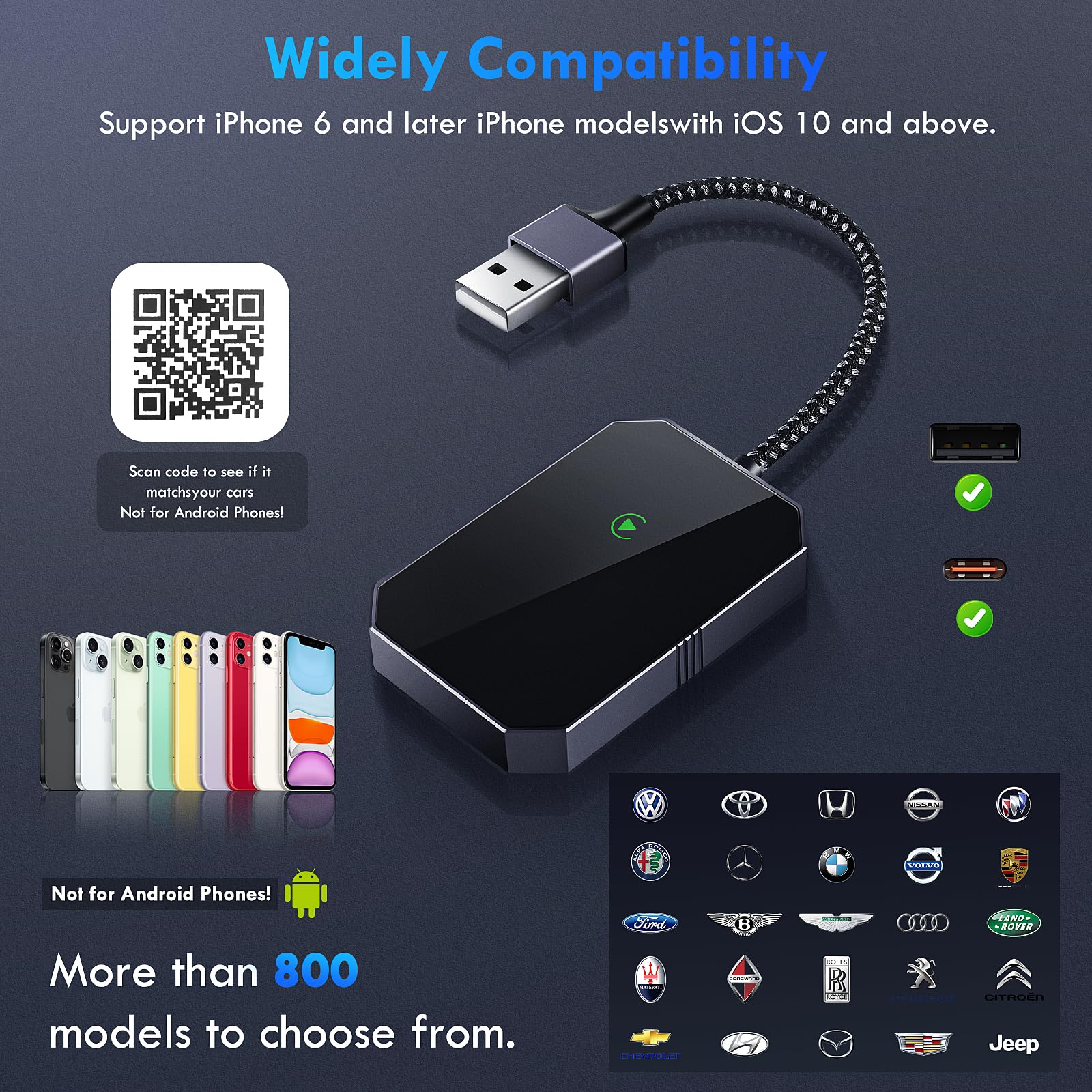 Adattatore Wireless CarPlay per iOS, Adattatore Wireless i-Phone Auto Converte CarPlay Cablato in Wireless, Plug and Play, USB C a A Dongle Wireless CarPlay Adatto per il 90% delle Auto