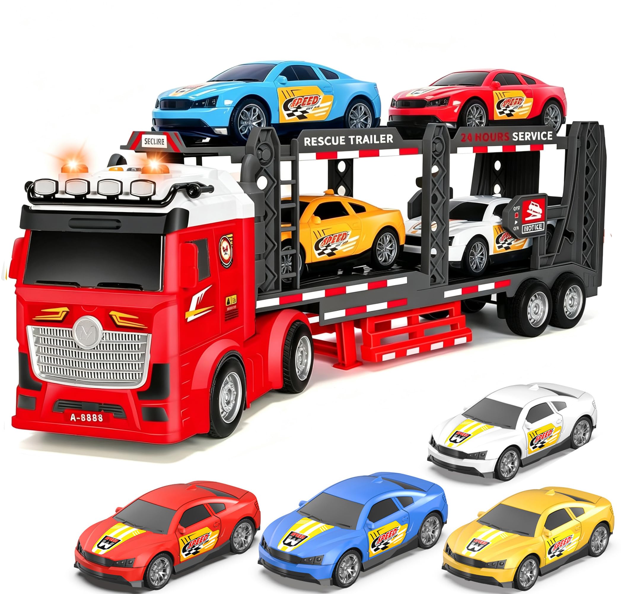 DOWELLIN Truck Toys for Kids, 21.5" Big Friction Double Layer Semi Transport Trucks Carrier Toy with 4 Racing Cars, Light&Sound Car Toys Trucks, Kids Gifts for Toddler Boy Girl 3+ Year Old-Red
