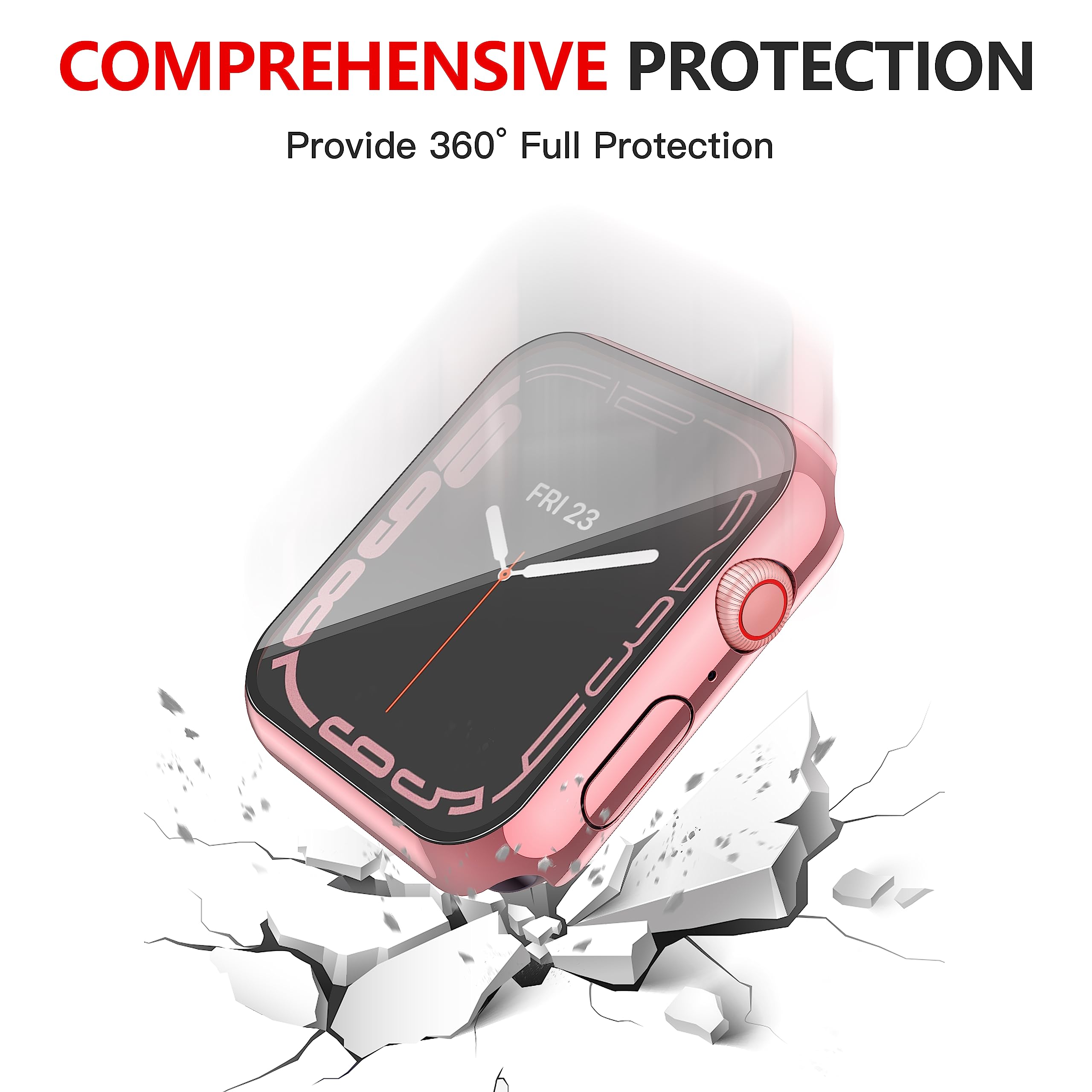 Misxi Wasserdichte Schutzhülle mit Knopf für Apple Watch Serie 9 (2023) Serie 8 Serie 7, 41 mm, harte PC-Abdeckung mit Displayschutzfolie aus gehärtetem Glas für iWatch, 1 Rose Pink + 1 Transparent