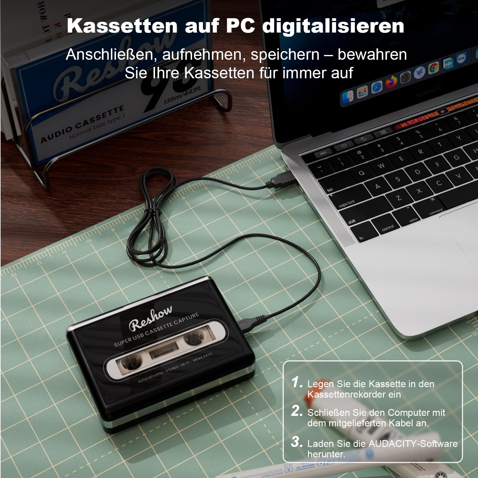 Reshow tragbarer Kassettenspieler, Bandkassetten über USB in MP3 umwandeln & MP3-Musik aufnehmen – Schwarz