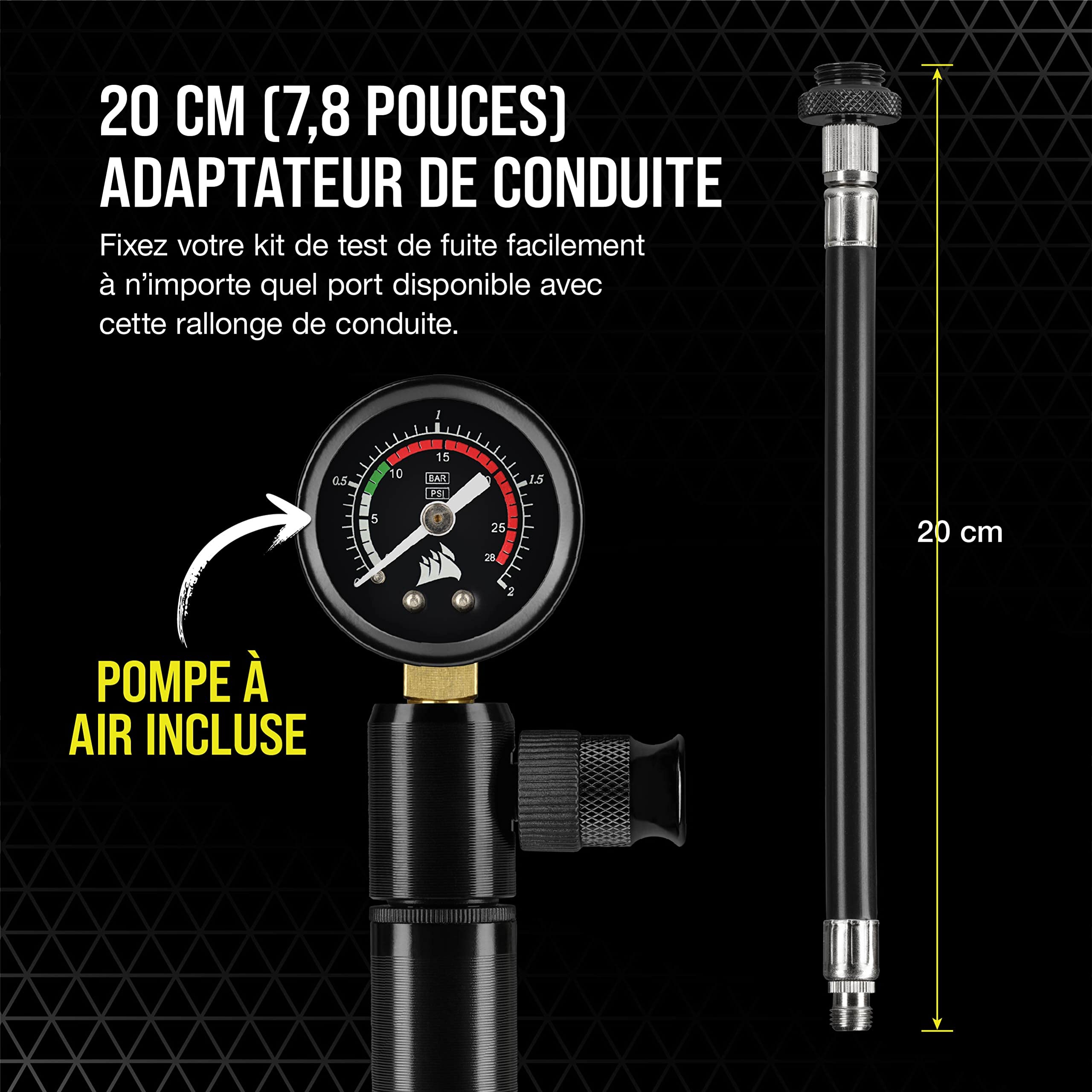 Corsair Kit de Test de Fuite de Pression Hydro X Series XT (Rapide et sécurisé, Pompe à air Manuelle Incluse, Relevés de Pression précis) Noir