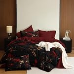 CCoutueChen Vintage Floral King Duvet Cover Black Red Bedding Set for Women Girls Golden Botanical Leaves Comforter Cover - 3Pcs Soft Breathable Microfiber with 2 Pillowcases(104 * 90)