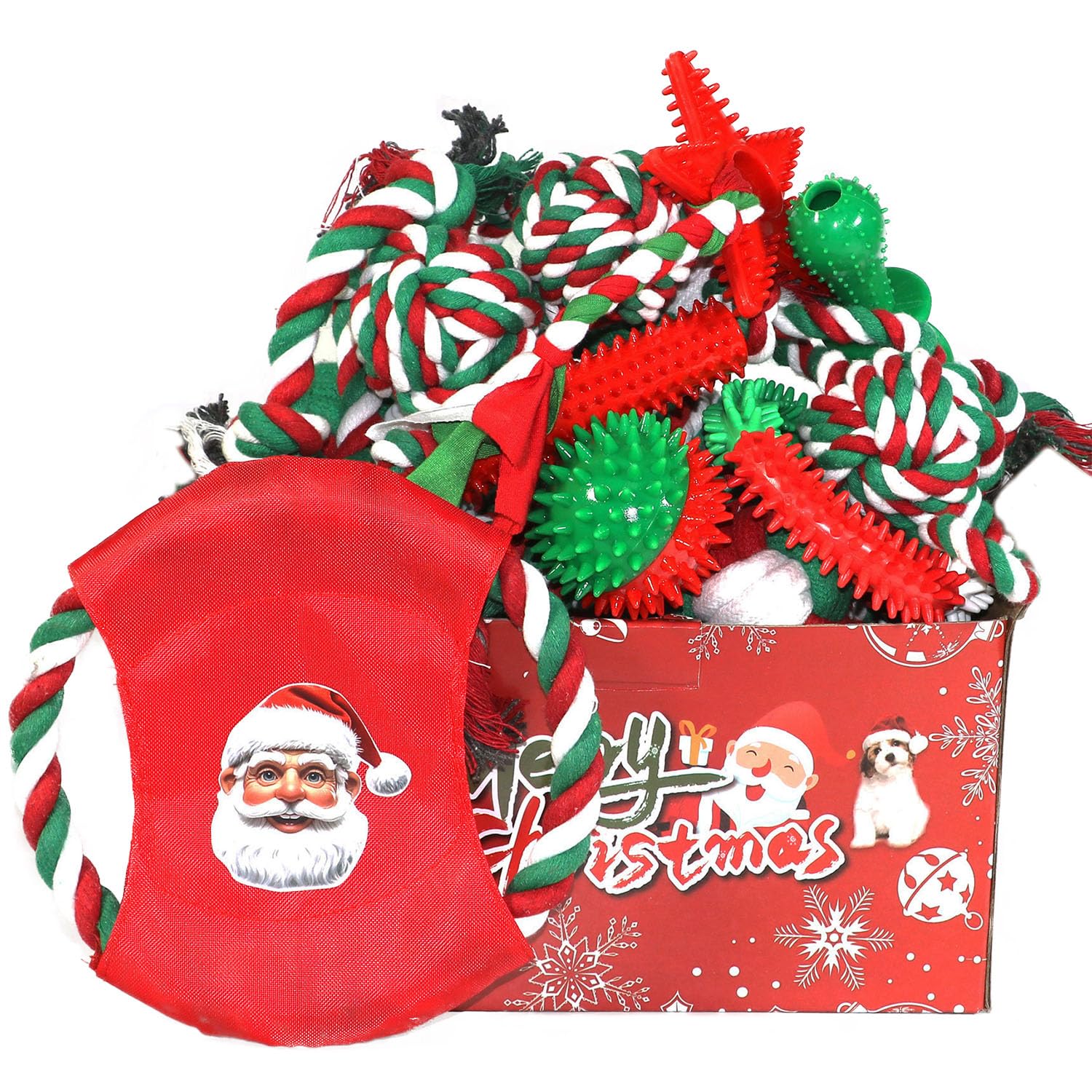 Juguetes de Navidad para perros, paquete de 15 juguetes masticables de goma para cachorros con juego de juguetes de cuerda, caja rígida interactiva para perros, entrenamiento para jugar a la