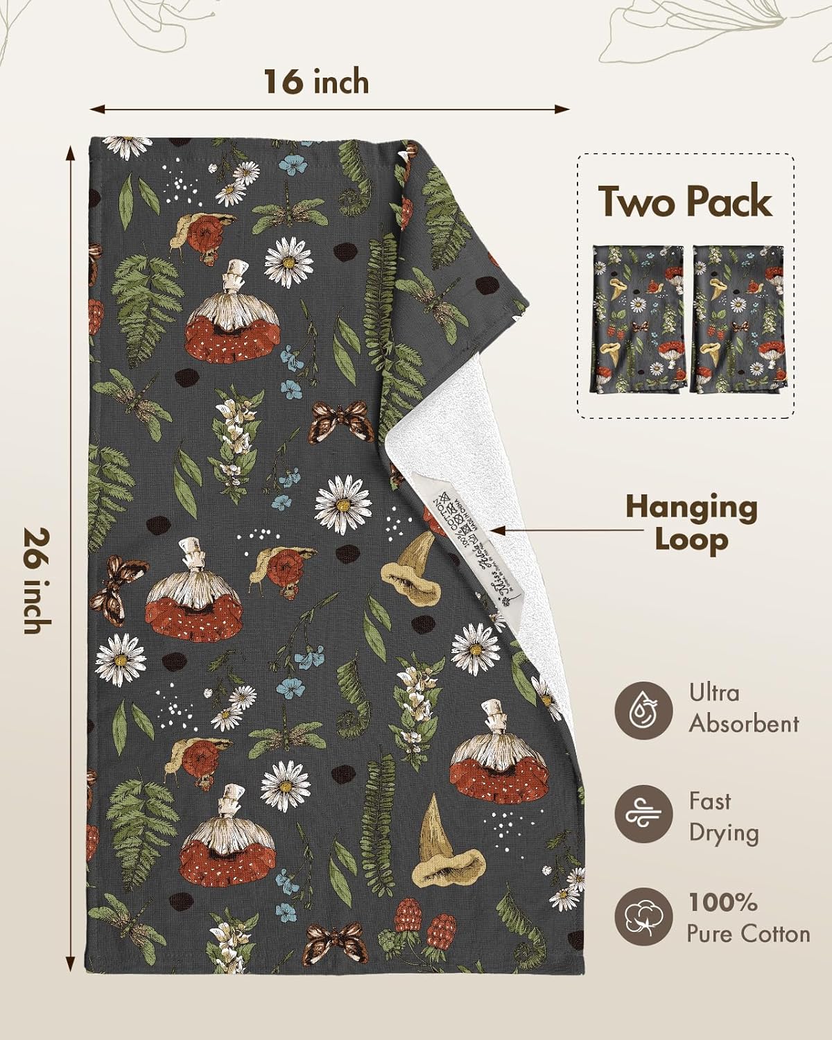 Cotton Kitchen Towels Set of 2 - Cute Design 16×26 Inch Dish Towels for Kitchen with Hanging Loop Mushroom Quick Dry Hand Towels Soft & Absorbent, Home Decorative, Terry Cloth Tea Towels - Image 4