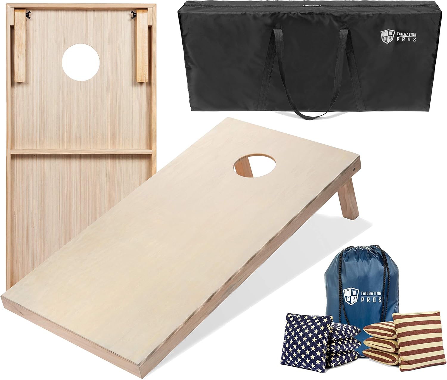 Tailgating Pros Cornhole Boards - 4'x2' & 3'x2' Cornhole Game w/Carrying Case & Set of 8 Corn Hole Bags - 150+ Color Combos! Optional LED Lights