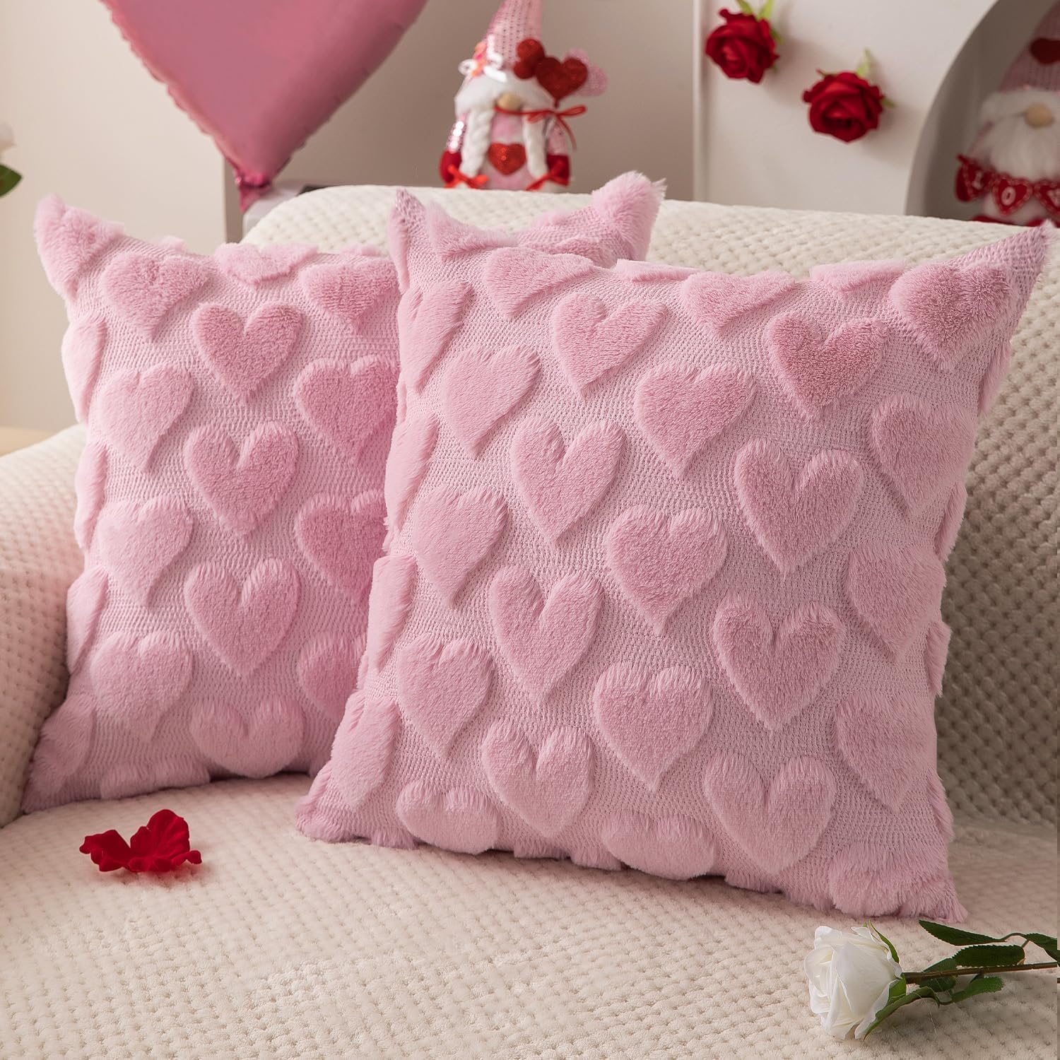 Valentines Day Pillow Covers 18x18 Inch, Pink Heart Love Pillows Cover Valentine Decorations for the Home, Faux Fur Plush Throw Pillows Cover for Couch, Gift for Girlfriend Lover Mother, Set of 2