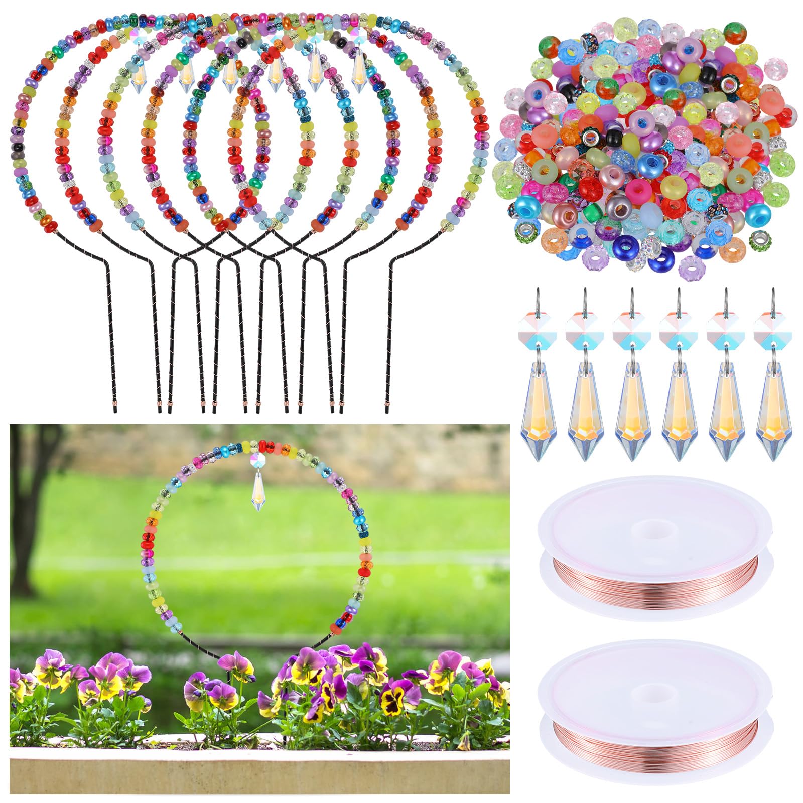 Wonderjune 374 Stück Perlen-Gartenstecker DIY Feen-Zauberstab-Set mit 6 gewölbten Pfählen 2 Rollen Metalldraht, 6 Kristallanhänger mit 360 Grad Sortiment, große Lochperlen für Outdoor-Dekoration