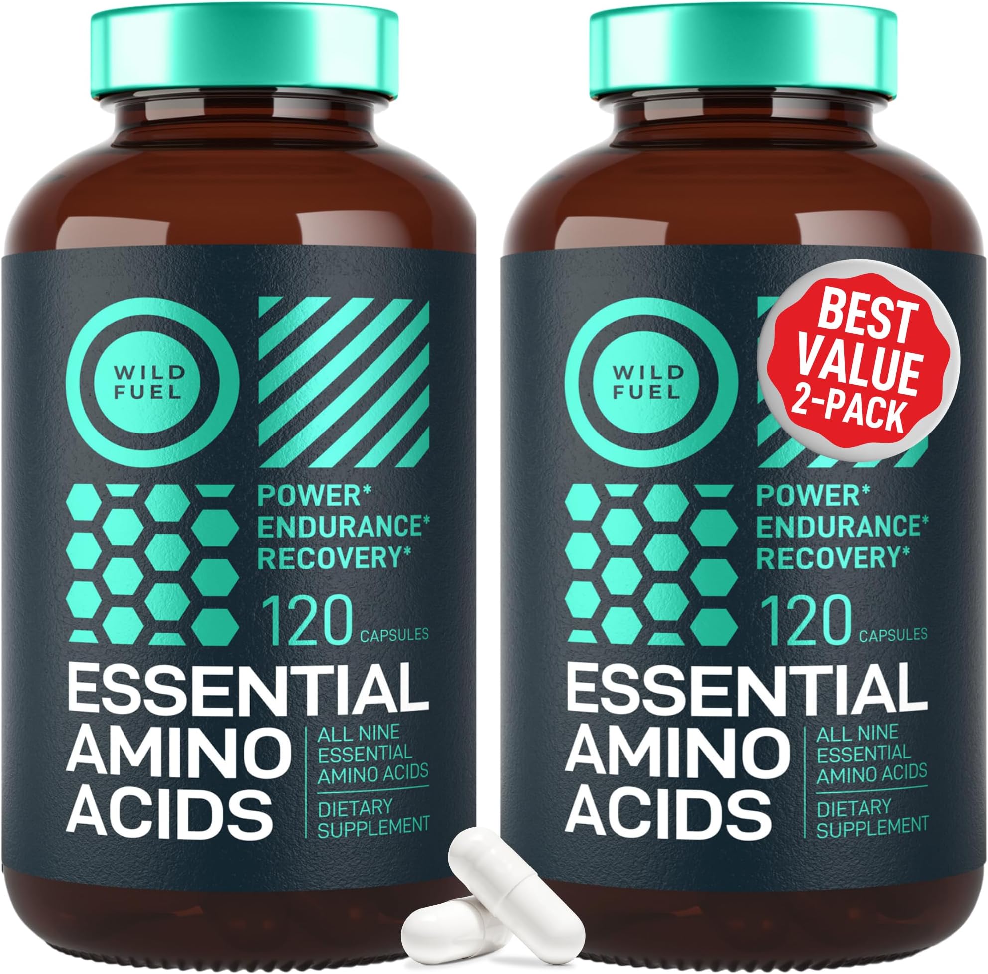 Essential Amino Acids Supplement for Women and Men - All 9 BCAAs Amino Acid Complex for Power and Recovery - EAA Lysine, Tryptophan, Isoleucine - 2 Pack 240 Vegan BCAA Capsules