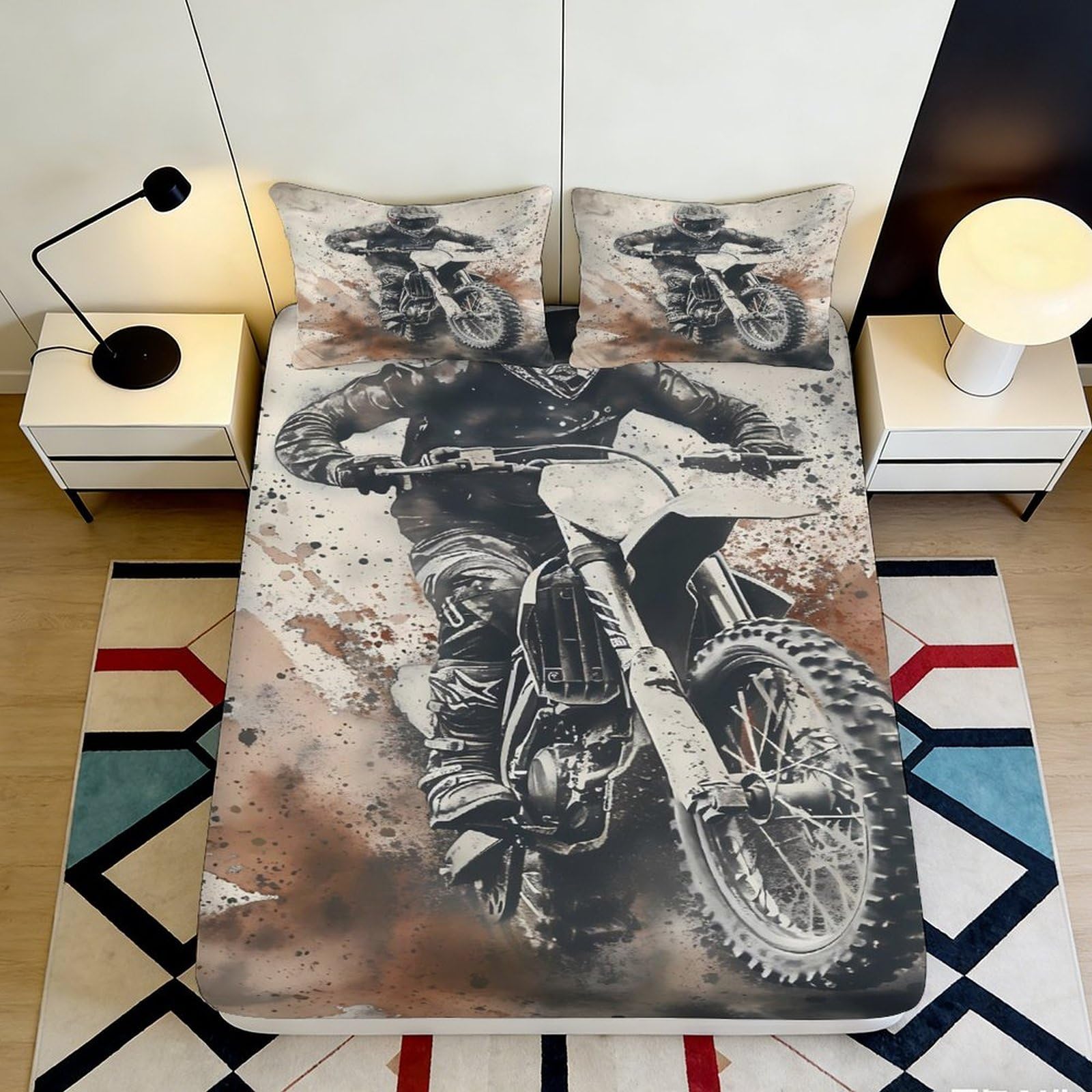 3D Printed Motocross Rider Fitted Sheet Microfiber Anti-Slip Dirt Bike Bed Cover for Bedroom Guest Room Decor 90x200x25cm
