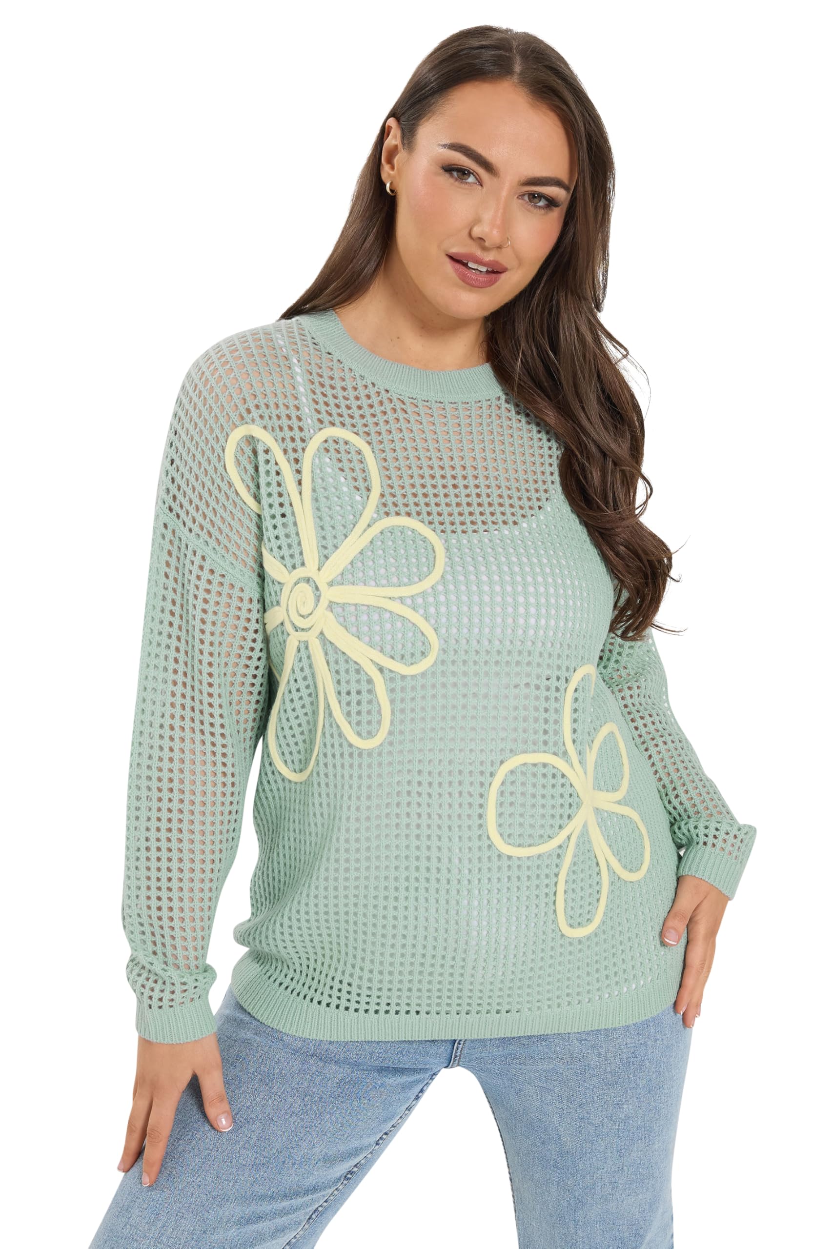 Yours Women's Mint Flower Detail Kitted Jumper In Size 18-20