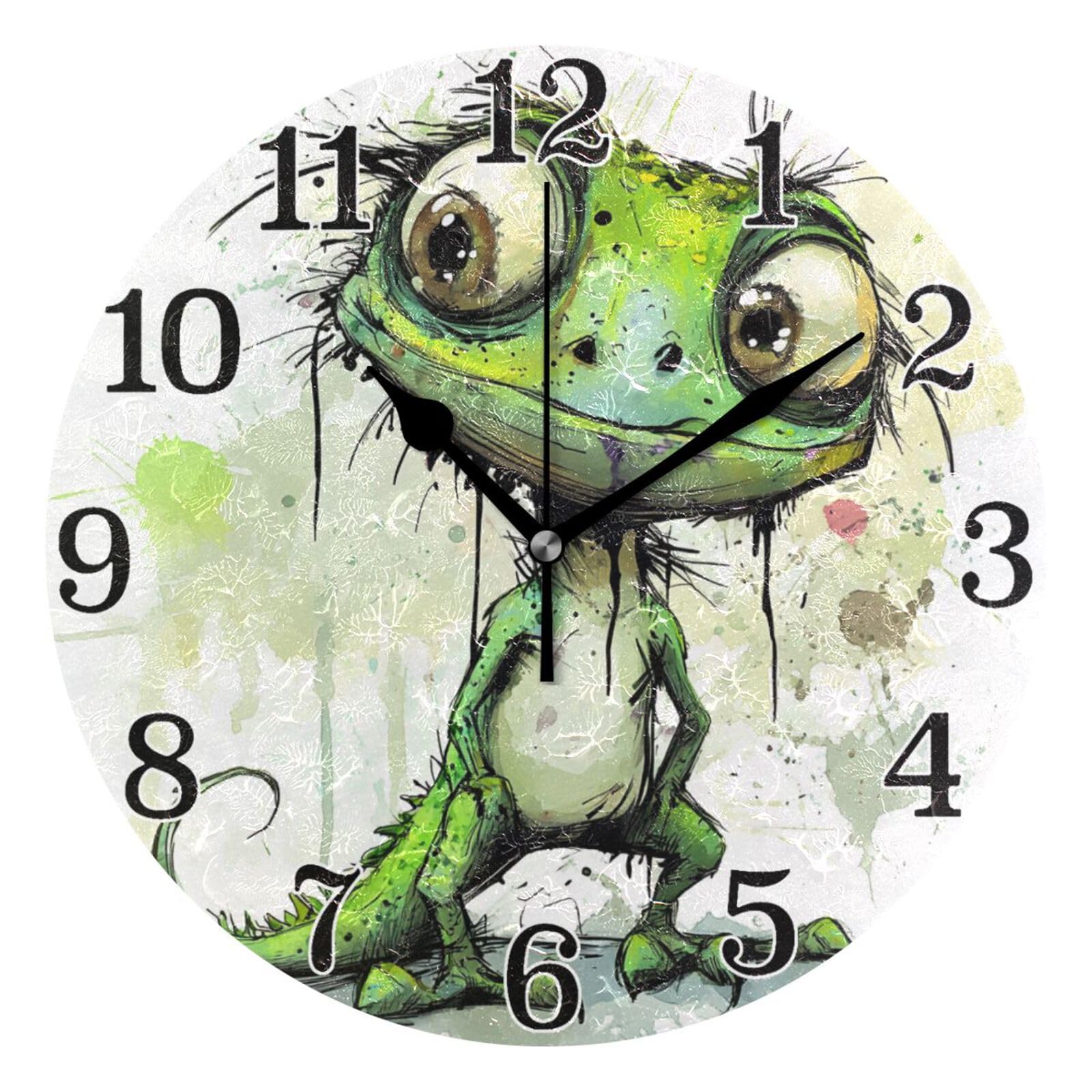 Horloge murale anti tic-tac FUUNY motif lézard vert 25 cm ronde