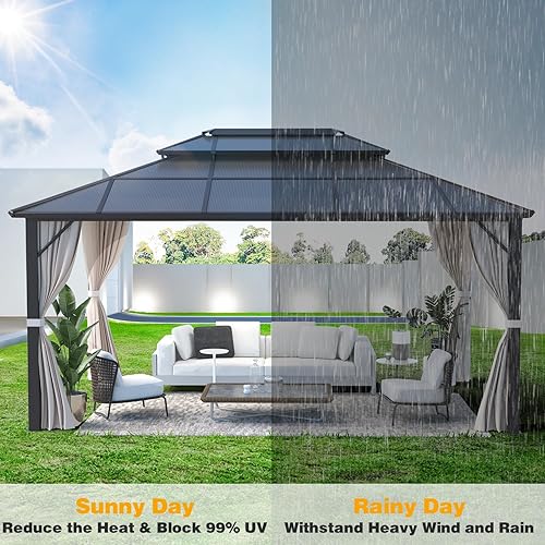 Miniatura 6 de MELLCOM Gazebo de techo rígido de 12 x 16 pies, gazebo de aluminio de doble techo de policarbonato, glorieta de toldo impermeable para exteriores