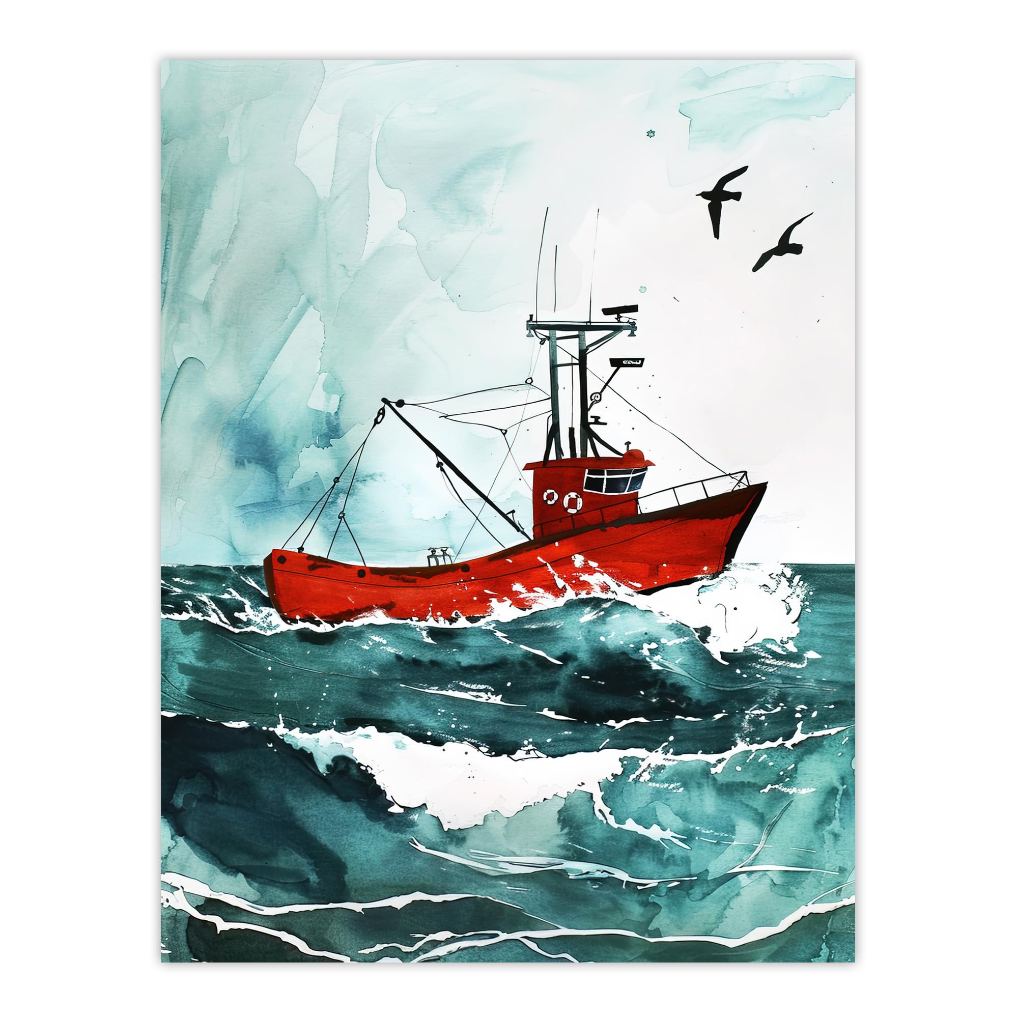 Artery8 Red Fishing Boat at Sea Nautical Watercolour Bathroom Toilet Large Wall Art Poster Print Thick Paper 18X24 Inch