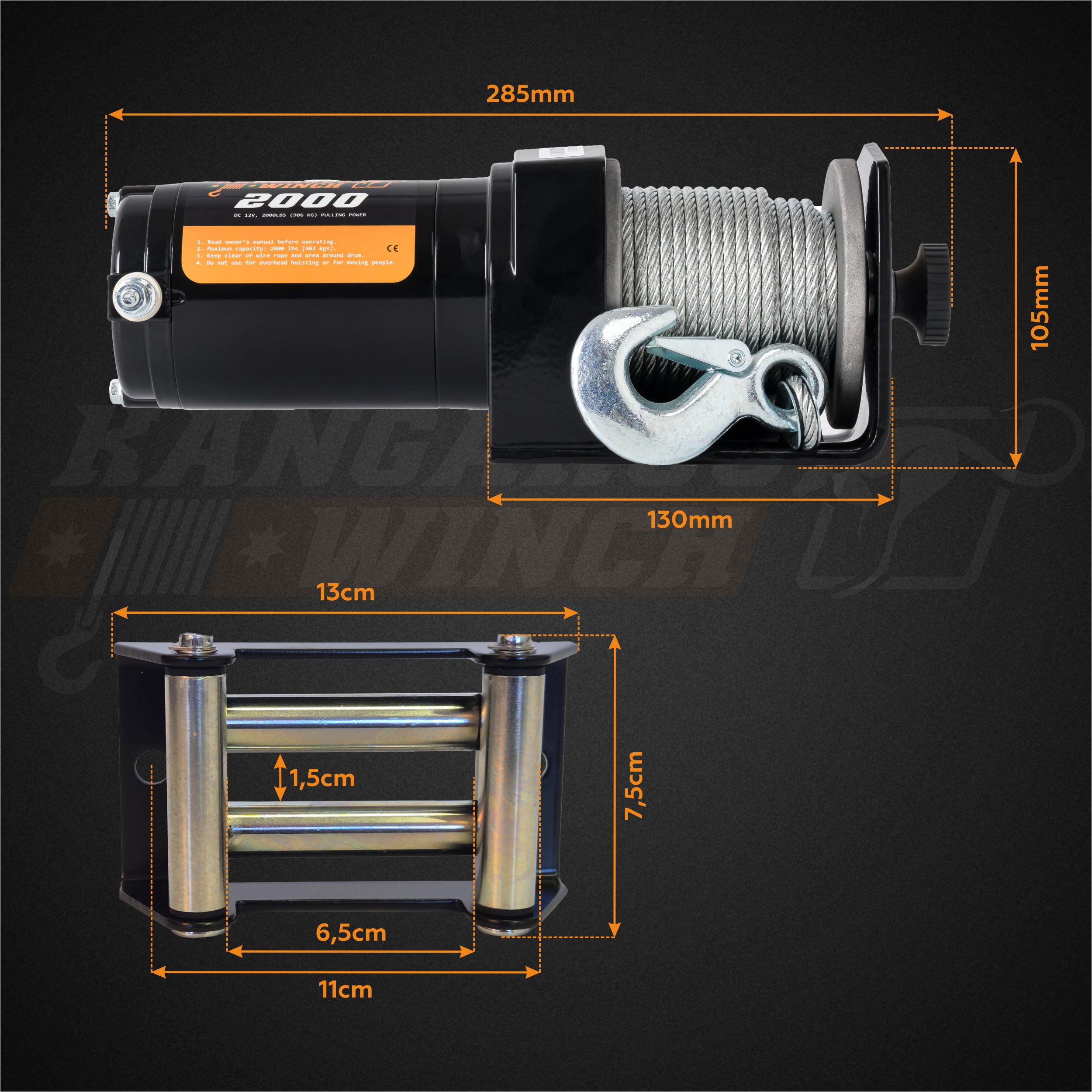 Elektrische Seilwinde 12V - 2000 LBS / 906 kg Zugkraft - Ideal für ATV, Quad und Offroad Einsätze - Robuste Konstruktion - Inklusive Stahlseil und Praktischer Kabelfernbedienung (K2000)