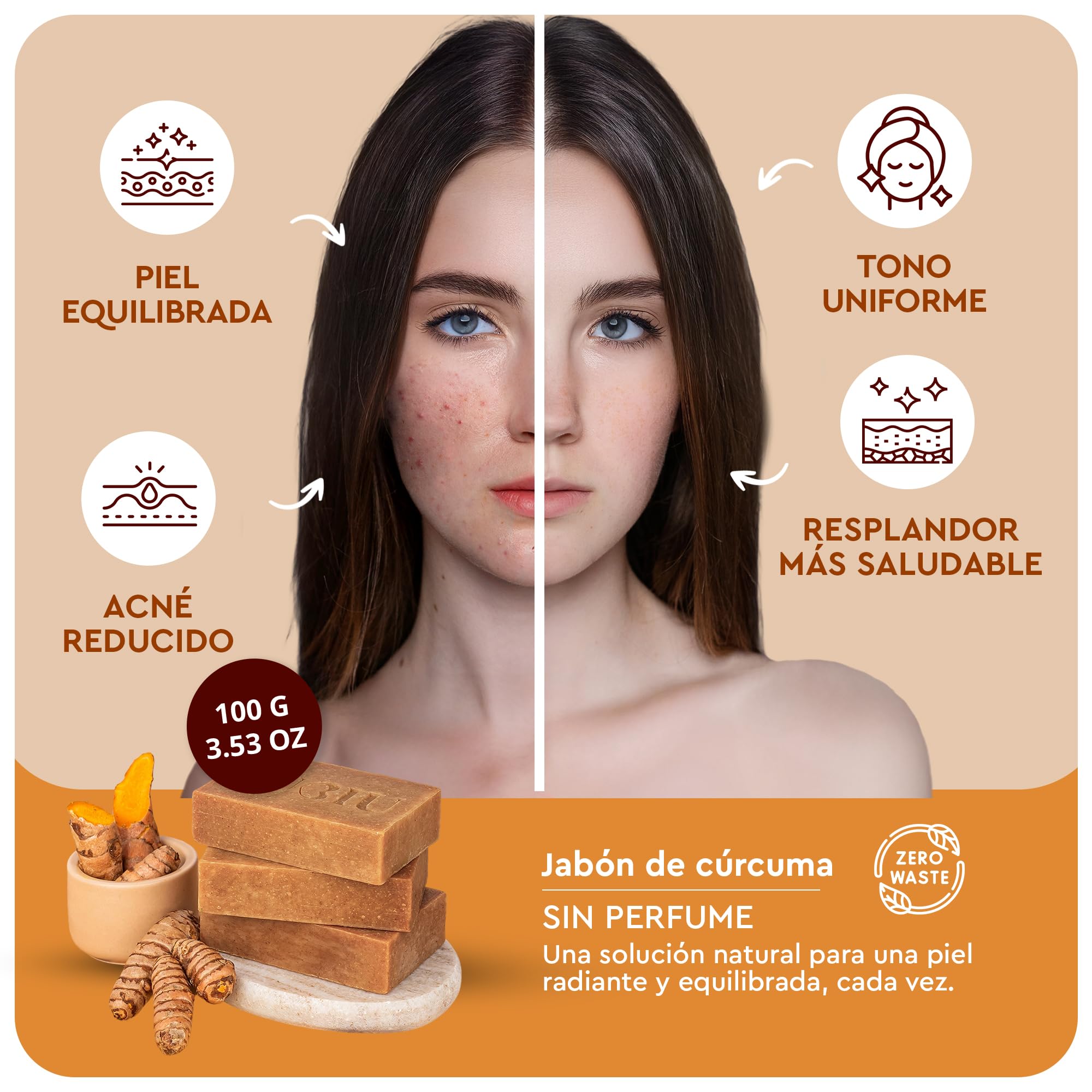 Jabon de Curcuma Para la Cara - 100g Pastilla Jabon Cara Piel Grasa y Cuerpo - Jabón Antibacterial Limpieza Facial - Turmeric Soap — view 3