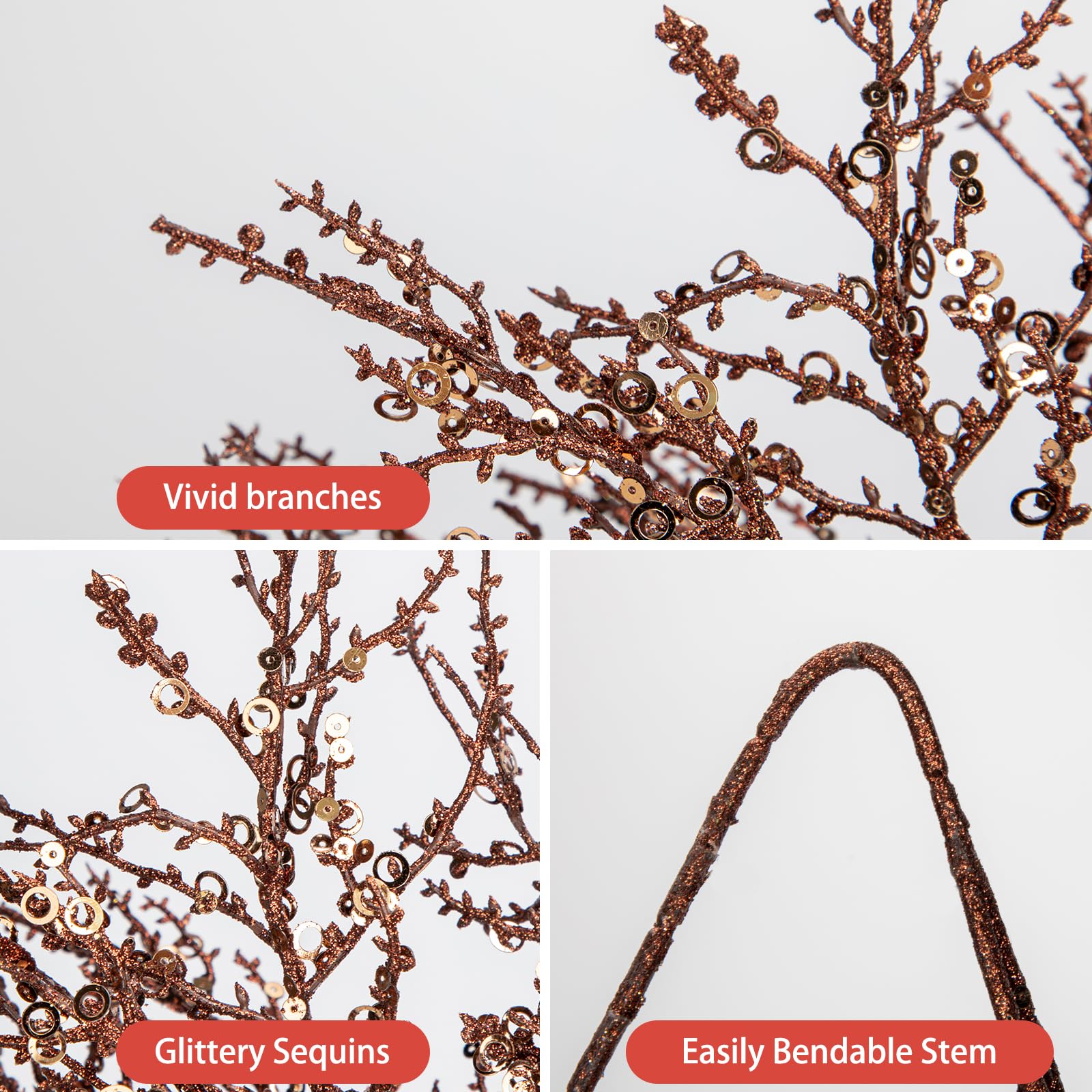 Hollyone 5PCS Glittery Christmas Branches with Sequins, Brown Arificial Plant with Long Stems - Image 3